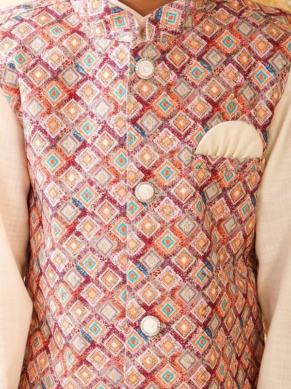 Image of superminis Boys Cotton Printed Full Sleeves Kurta Pyjama with Jacket Ethnic Wear Set
