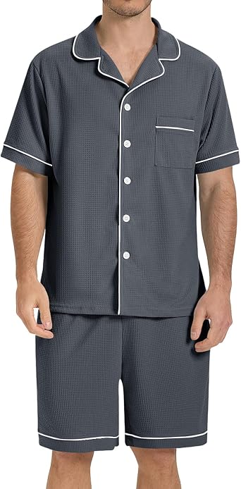 SIORO Mens Pajamas Set Short Sleeve Sleepwear Button Down Pjs Set Waffle Knit Loungewear Nightwear Shorts Set with Pockets