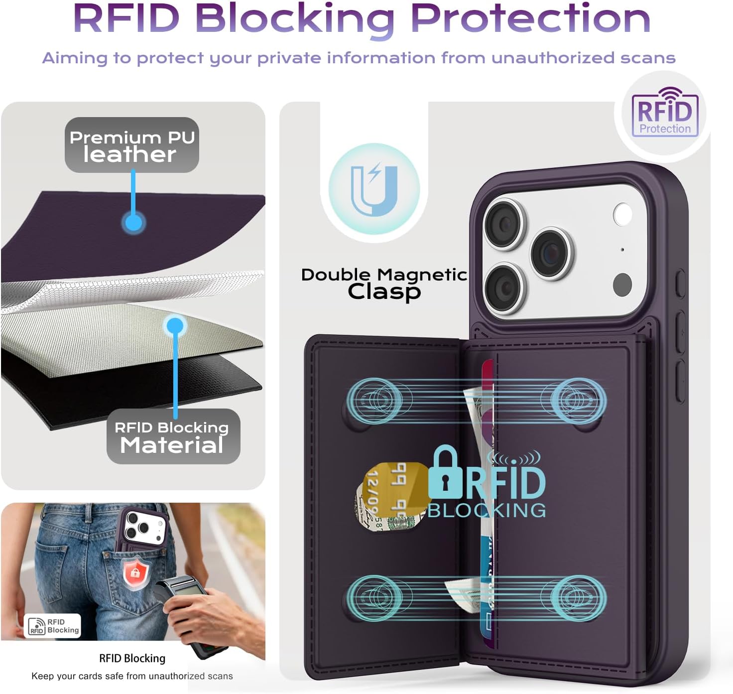 Compatible with Magsafe iPhone 17 Pro Max Phone Case, 2 in 1 Detachable iPhone 17 Pro Max Wallet Case with 3 Card Slots Card Holder, Magnetic PU Leather RFID Blocking Kickstand for Women Men, Purple