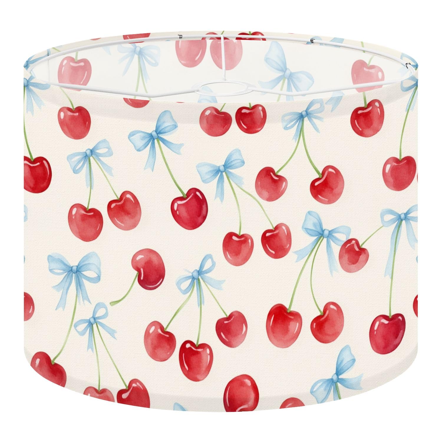 Fabric Round Drum Lamp Shade Cherries Blue Bows Watercolor Vintage Medium Linen Decorative Assembly Replacement Lampshades 13inch Set of 1 for Table Lamps, Floor Lamps,Ceiling Lamp