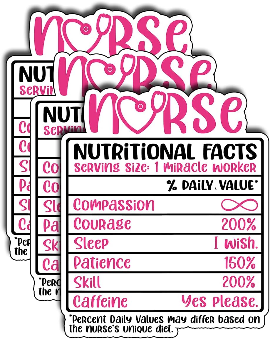 TADAVAX (3Pcs) Nurse Nutritional Facts Funny Sticker ER Nurse Medical Healthcare Sticker Nursing Sticker Waterproof Vinyl Stickers Books Laptops Water Bottles Kindles Decoration Stuff Gifts 3x2.3 Inch