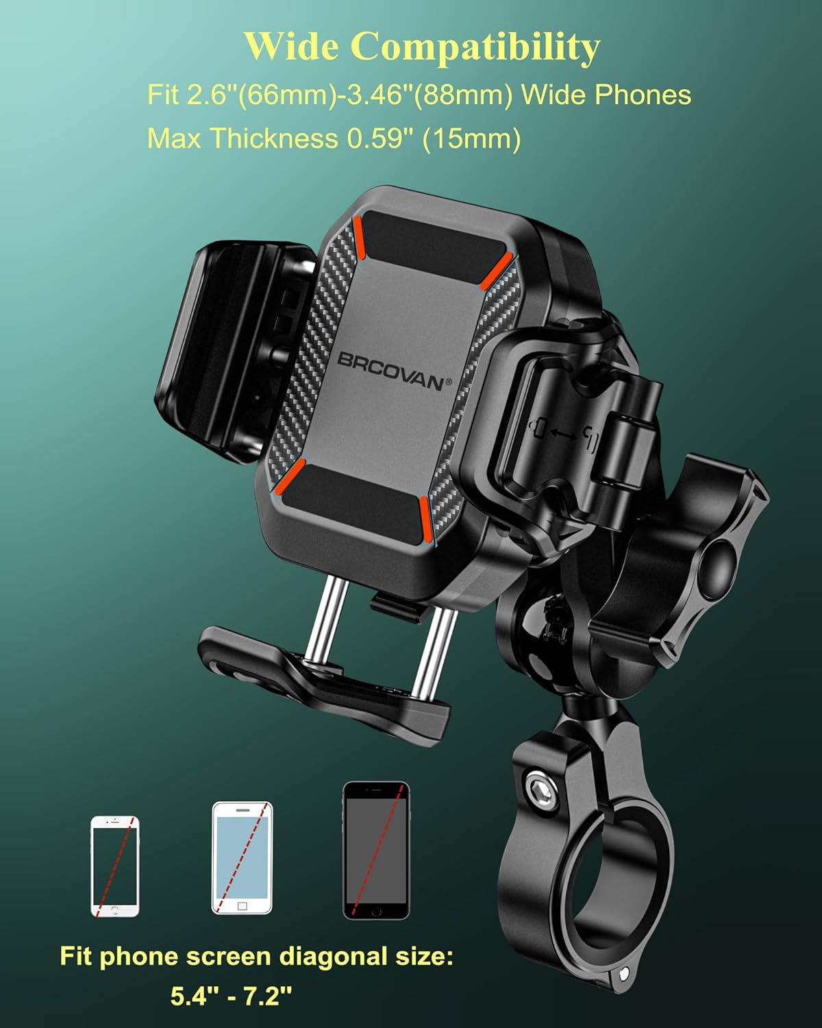 BRCOVAN Anti-Theft Motorcycle Phone Mount with Vibration Dampener, [1s Lock] [Camera Friendly] Handlebar Cellphone Holder for Bike Bicycle Scooter ATV, Adjustable Size Fit 5.4-7.2" Smartphone - Image 5