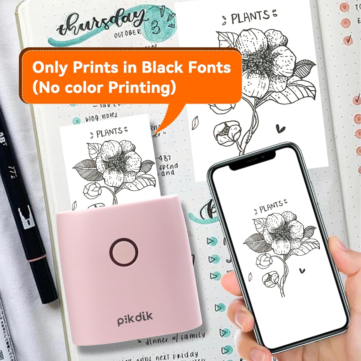 PikDik PD-Q2 printer showing a black and white print of a plant illustration next to a smartphone displaying the same image.