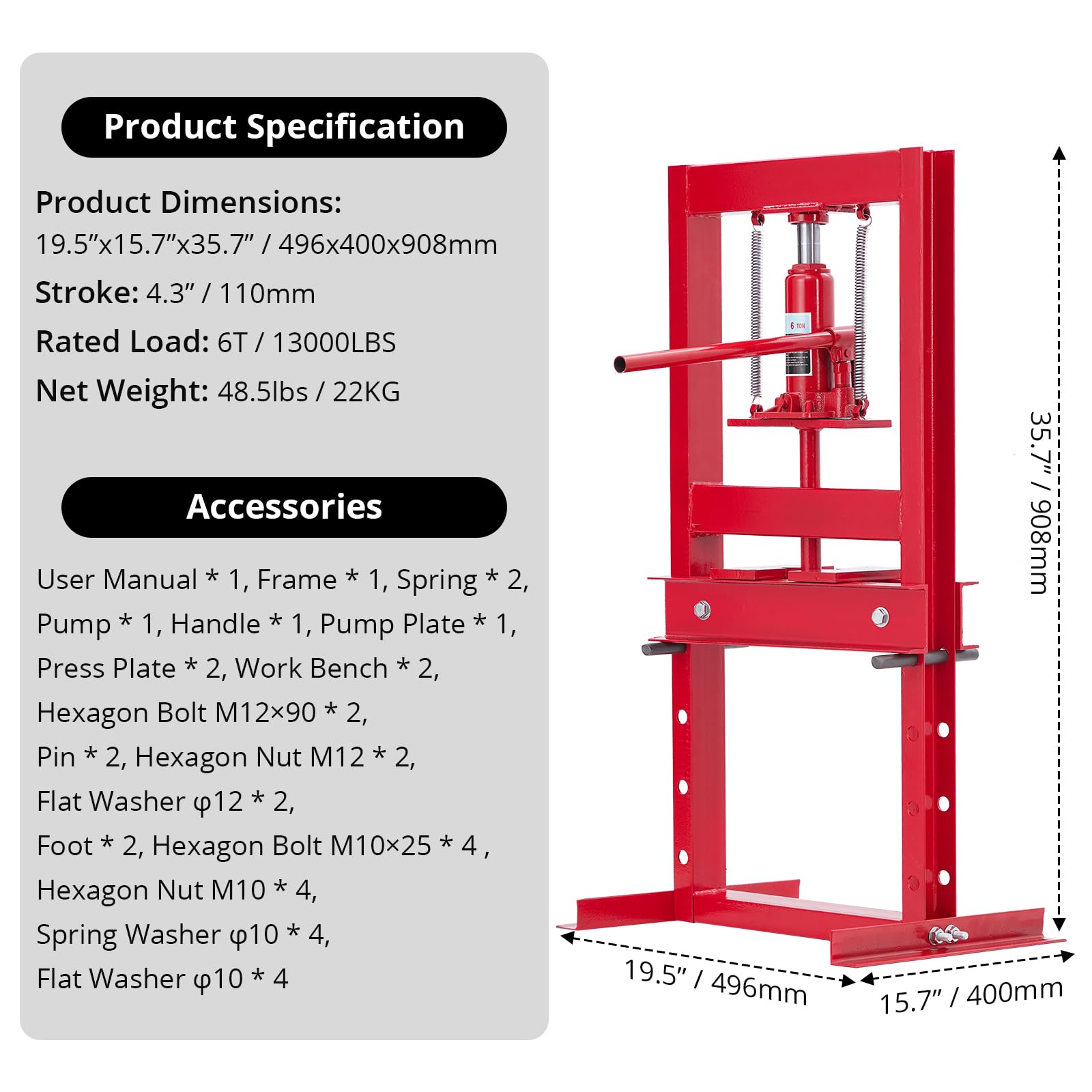 GarveeTech Prensa Hidráulica De Taller h-Frame - Mesa Ajustable En Altura - Operación Segura con Válvula De Seguridad - Extracción Profesional De Cojinetes, Casquillos y Engranajes - Incluye Bandejas