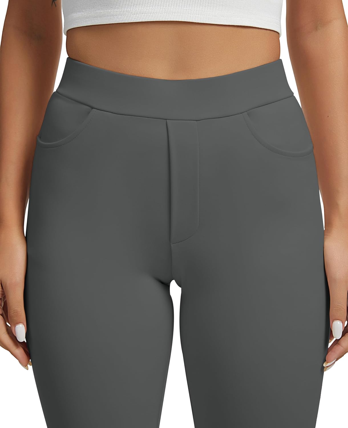 VIMPEP Straight Leg Yoga Dress Pants for Women Pull On High Waisted Work Pants Woman Business Casual Office Slacks with Pockets Petite Regular 106 Dark Grey Color M 29" Height:5'2"-5'4" - Image 2