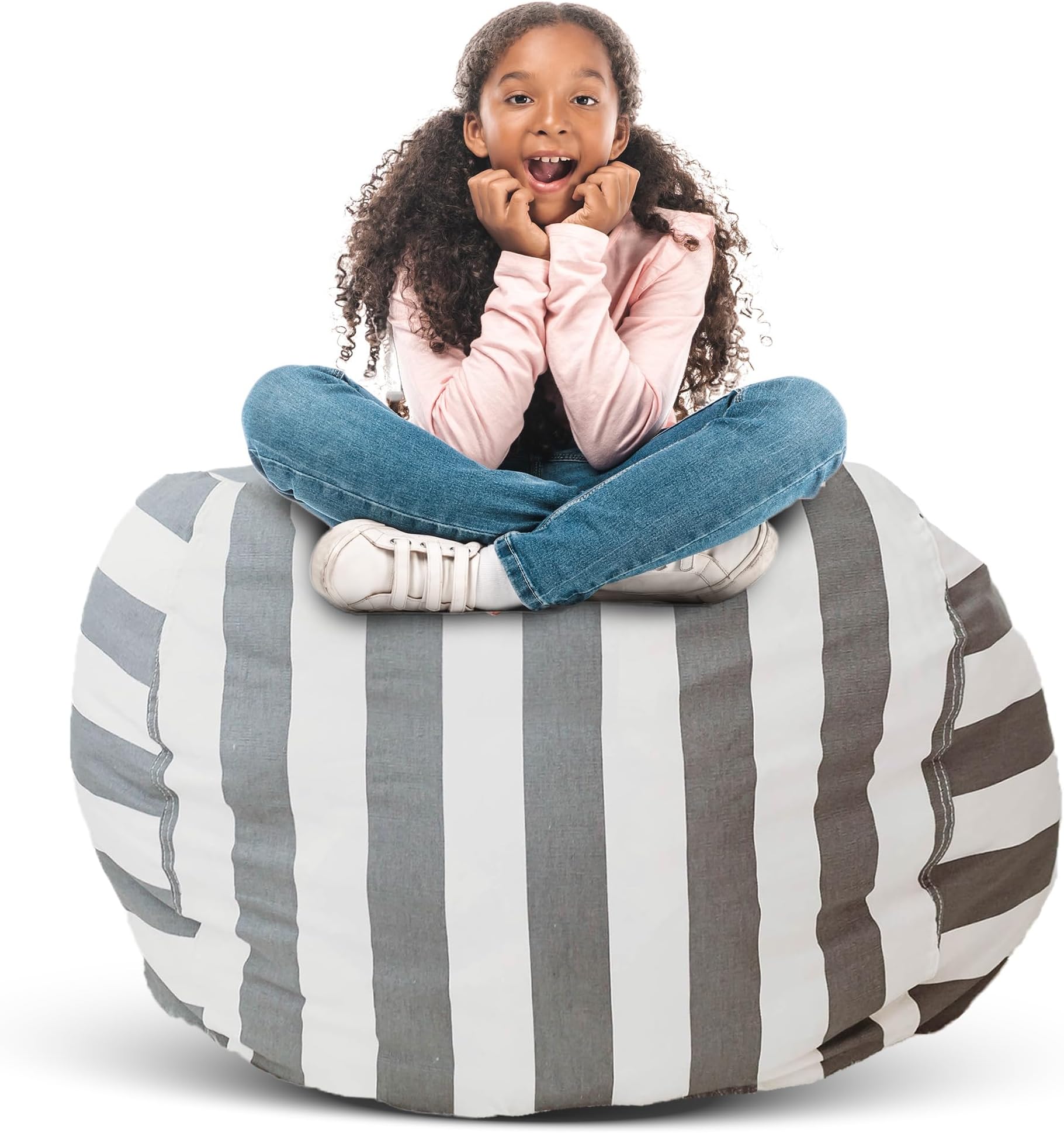 Creative QT Stuff ’n Sit Large 33’’ Bean Bag Storage Cover for Stuffed Animals & Toys, Giant Beanbag Chair for Kids Ages 3-14, Bedroom Organizer, Gray/White Stripe