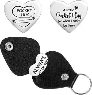 2 PCS Heart Pocket Hug Token & Leather Keychain, Heart Hug Token Stainless Steel Pocket Hugs Keychain Long Distance Hugs Pockets Double Sided Inspirational Thinking Gift for Girlfriend Boyfriend