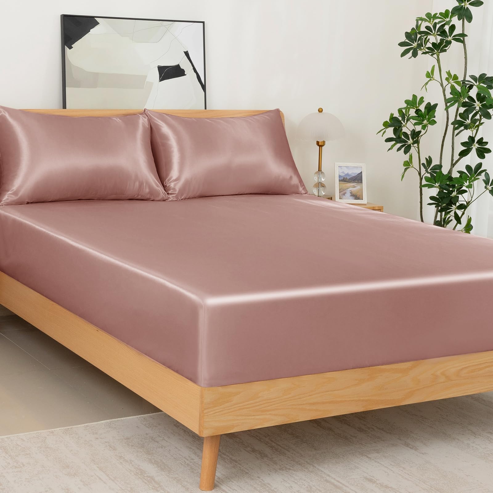 NSGZ Set di 3 lenzuola in raso con angoli e federe, per letto king size, con angoli profondi fino a 38 cm, color champagne, include 1 lenzuolo con angoli e 2 federe