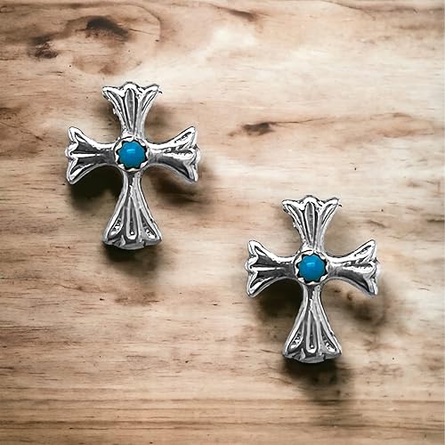 Miniatura 5 de Genuine Sleeping Beauty Turquoise Cross Earrings, Sterling Silver, Authentic Native American Handmade in New Mexico, USA, Post Stud, Small Blue