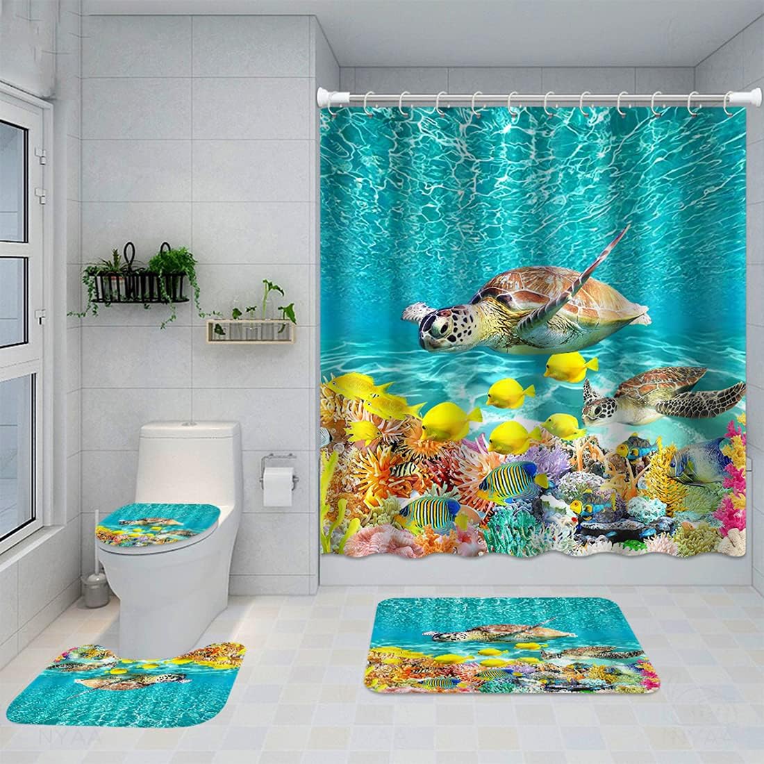FAITOVE 4 Pcs Ocean Sea Turtle Shower Curtain Set for Kids Teal with Non-Slip Rugs, Toilet Lid Cover and Bath Mat, Turquoise Tropical Fish Bathroom Set Waterproof Polyester Fabric