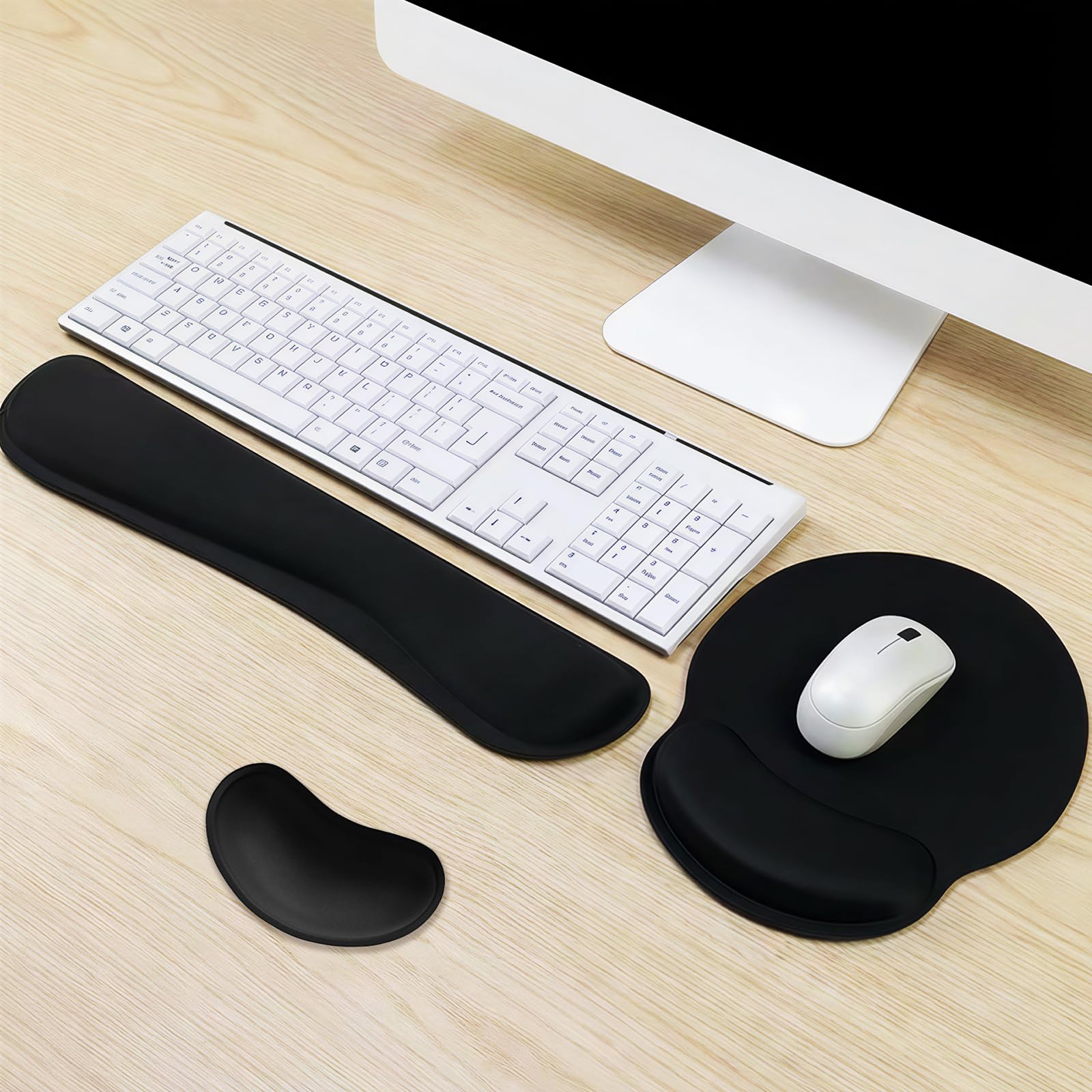 3-Piece Thickened Memory Foam Wrist Rest Set - Keyboard Wrist Support, Mouse Mat with Wrist Support & Small Hand Rest, Non-Slip Rubber Base, 25mm Heightened Wrist Cushion for Office, Gaming, Computer