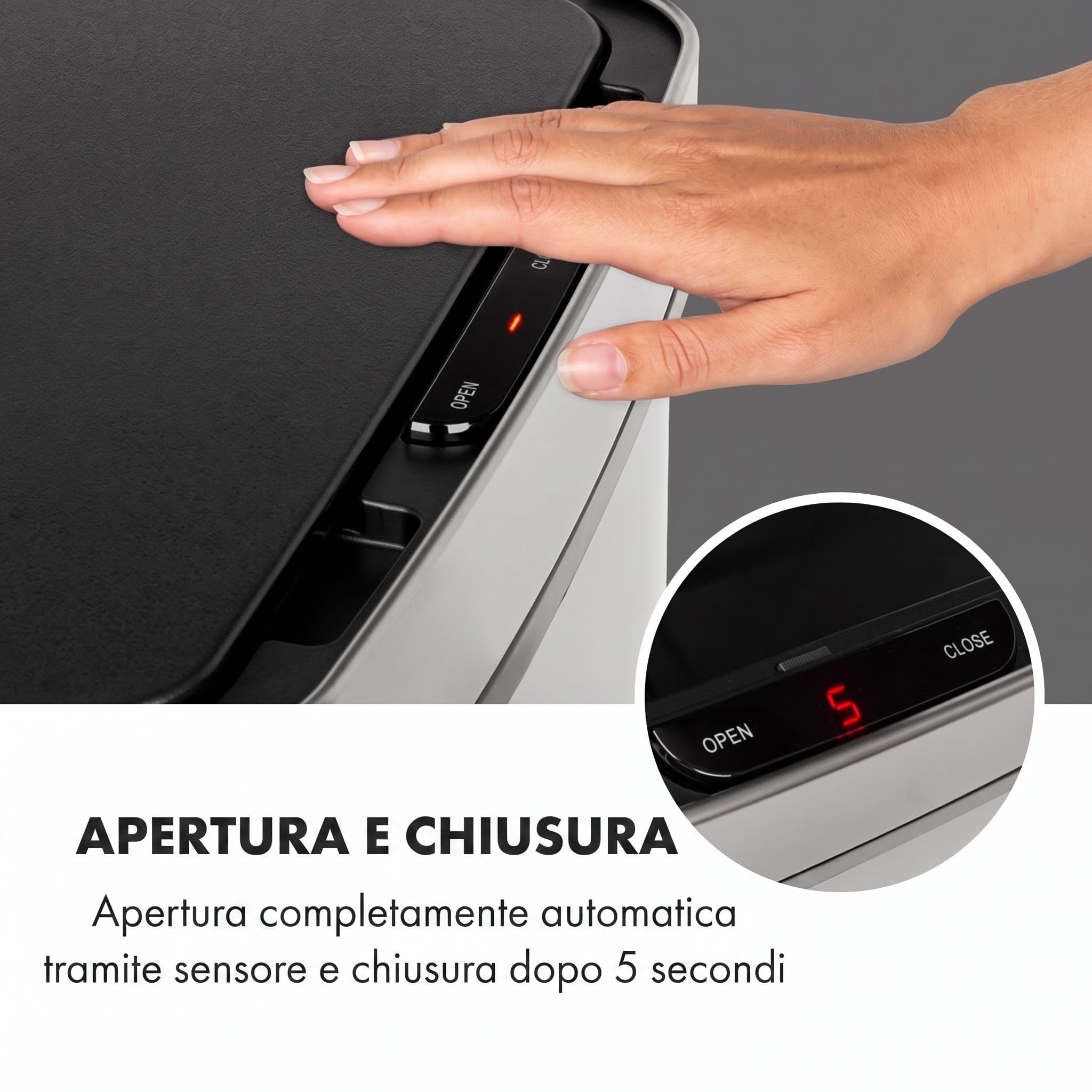 KLARSTEIN Touchless pattumiera a sensore, 72 litri in 4 contenitori: 43 & 2 x 12,5 litri, secchio bio con coperchio: 4 apertura e chiusura automatiche senza contatto, argento
