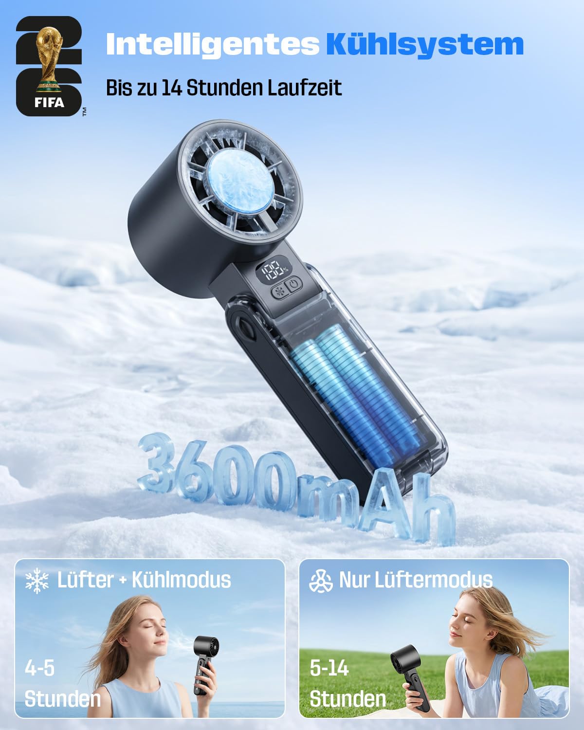 FIFA WM 2026 Handventilator Akku Aufladbar, Turbo Fan mit Kühlfunktion | 1-199 Stufenlos, 3600 mAh, 13.500 U/min, 150° Neigbar, Perfekte Geschenk für Fußballfans, Farbig | Offiziell Lizenziert