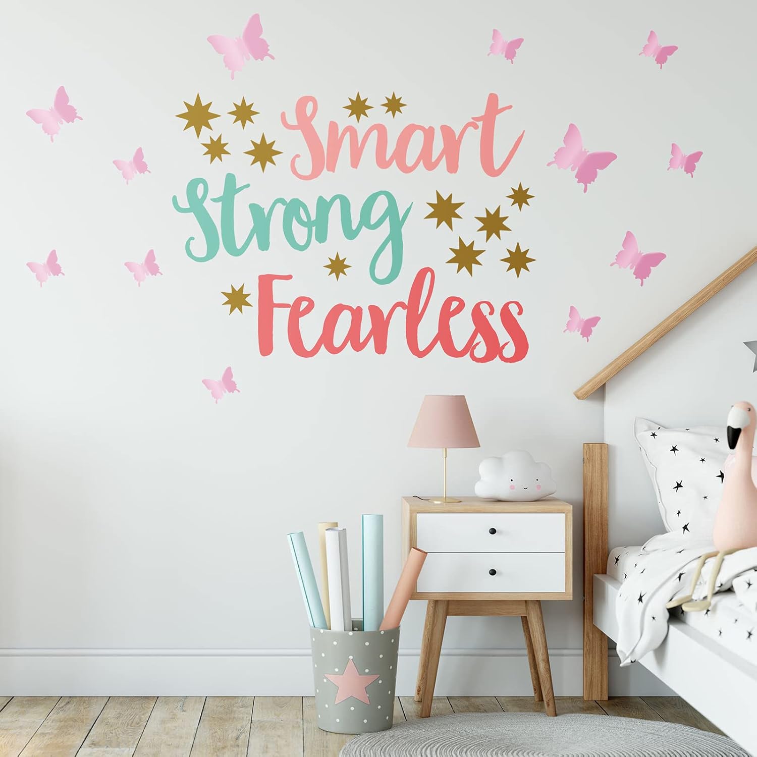 Chinco 20 Sheets Inspirational Quotes Wall Decals Stickers for Girls,12 Sheets Pink Pastel 3D Butterfly,Smart Strong Fearless,Be Bright Happy,Be You Tiful Sayings Art Stickers for Bedroom Living Room