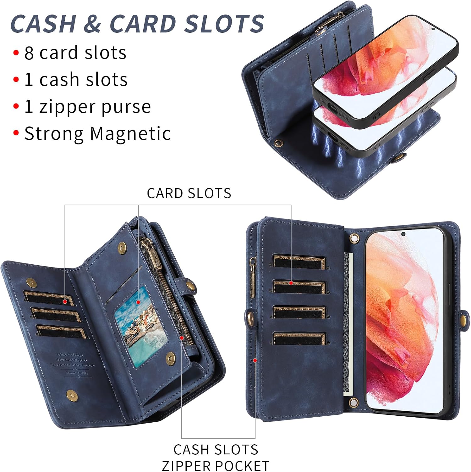 Asuwish Phone Case for Samsung Galaxy S21 5G 6.2 inch Zipper Wallet Detachable Cell Cover with Tempered Glass Screen Protector Crossbody Lanyard Strap Flip Card Holder S 21 21S G5 Women Men Girls Blue