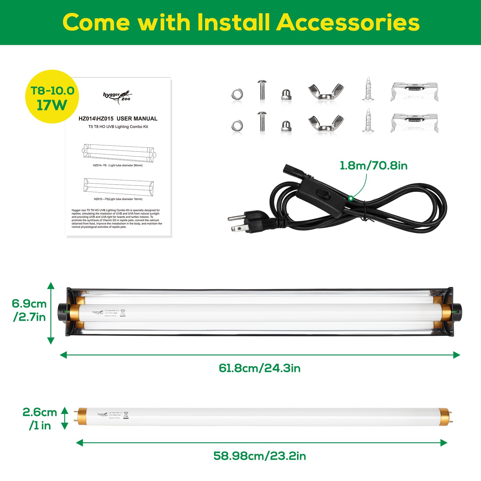 T8 10.0 UVB Reptile Light Fixture UVB Bulb Lighting Combo Kit, HO 17W UVB Light for Reptiles Terrarium Hood with Reptile UVB Light Bar UVB Tube Light Lamp Desert for Bearded Dragon Turtle Tank, 24Inch: T8-24Inch