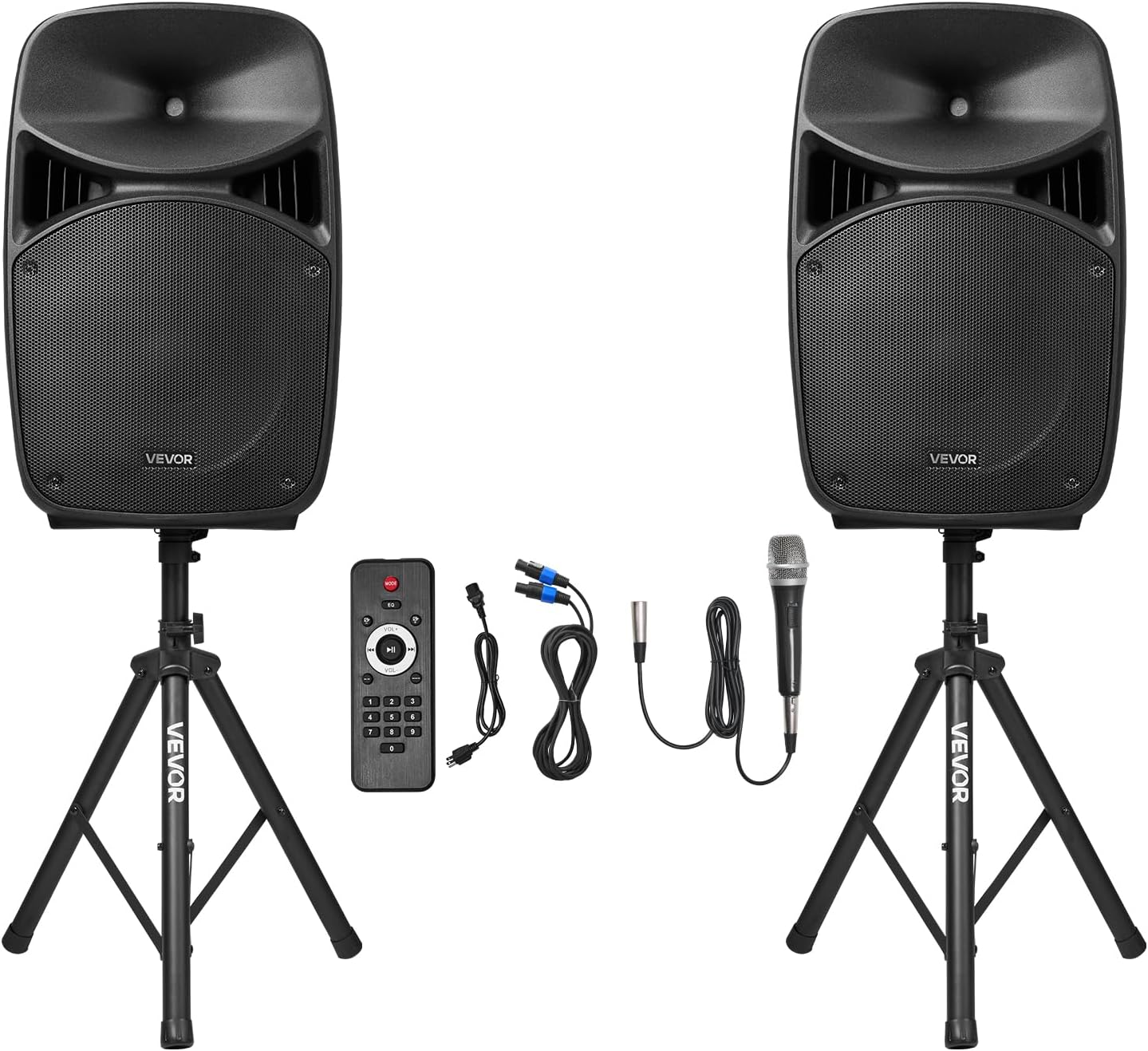 VEVOR Portable PA System, 2000W (PMPO) Powered, Sound System Set with 3 Channel Mixer, Dual Speakers, Wireless Bluetooth, Microphone, Compact Stands, USB & SD Inputs, Remote Control, for DJs Events