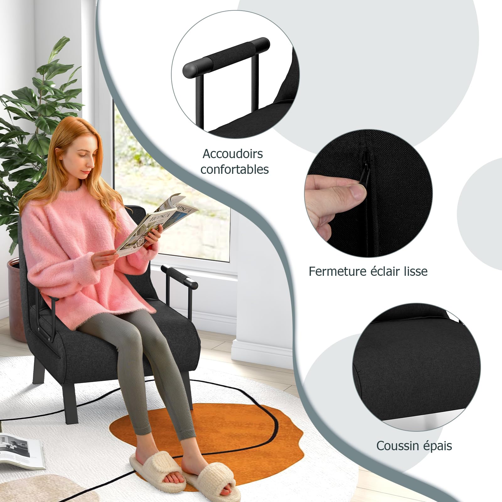 RELAX4LIFE Fauteuil Convertible, Canapé-Lit Pliable avec Coussin, 2 Accoudoir et Dossier Réglable à 5 Positions, Housse Déhoussable pour Bureau, Salon, Balcon (Noir)