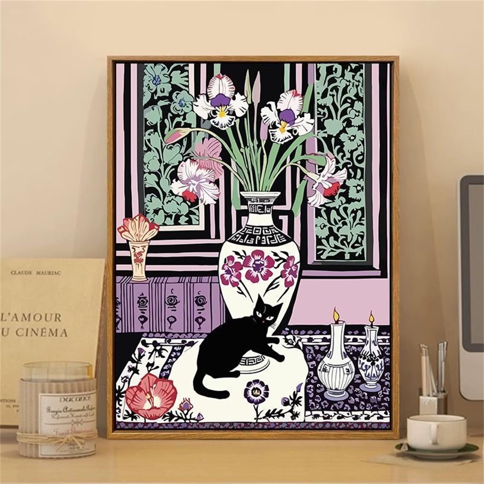 Yeogcohe Obraz kota z numerem dla dzieci z ramą 90 x 120 cm, krajobraz malowany liczbami dla dzieci i początkujących, zestaw do samodzielnego wykonania, kreatywny wypoczynek dla dorosłych i aktywność