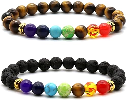 HEDQFM 2 pulseras de piedra energética con ojo de tigre de 7 chakras, piedras de lava, aromaterapia, difusor de aceites esenciales, pulseras para