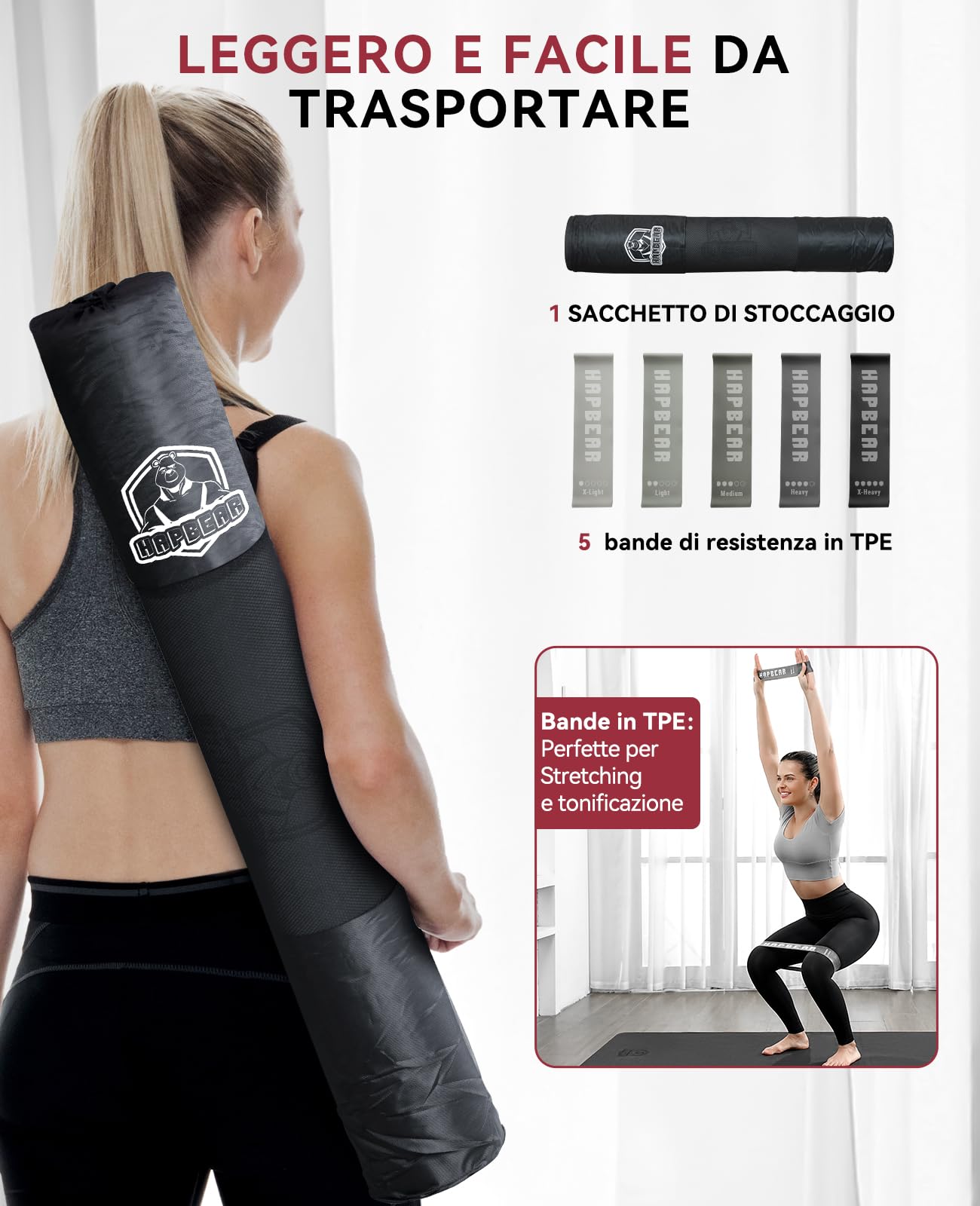 HAPBEAR Tappetino da Yoga Extra Large - 183 cm x 91 cm x 6 mm, TPE Antiscivolo, per Allenamenti a Casa, Yoga, Pilates e Stretching, Resistente, Ecologico,Inclusi Bande di Resistenza e Borsa da Portare
