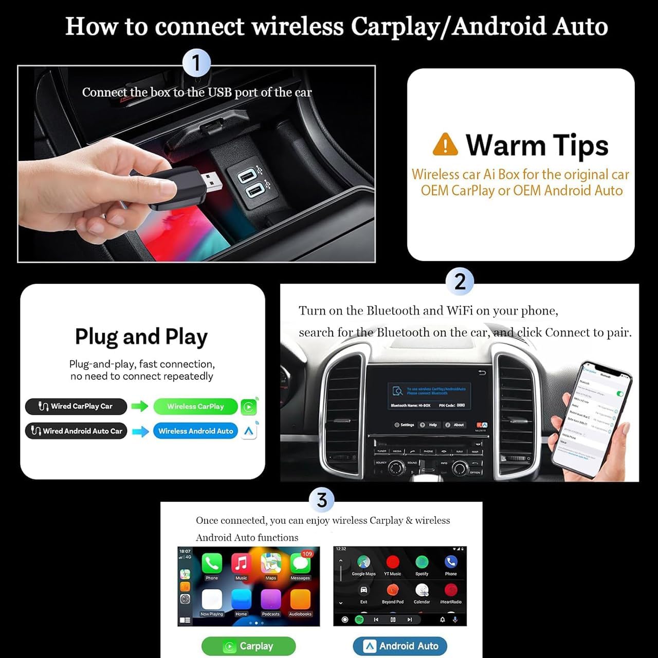 Car Wireless Input Adapters for Ford Transit Connect 2017-2022,USB Port,Wired to Wireless,Support Android 11+ &Cars with Wired Android Auto