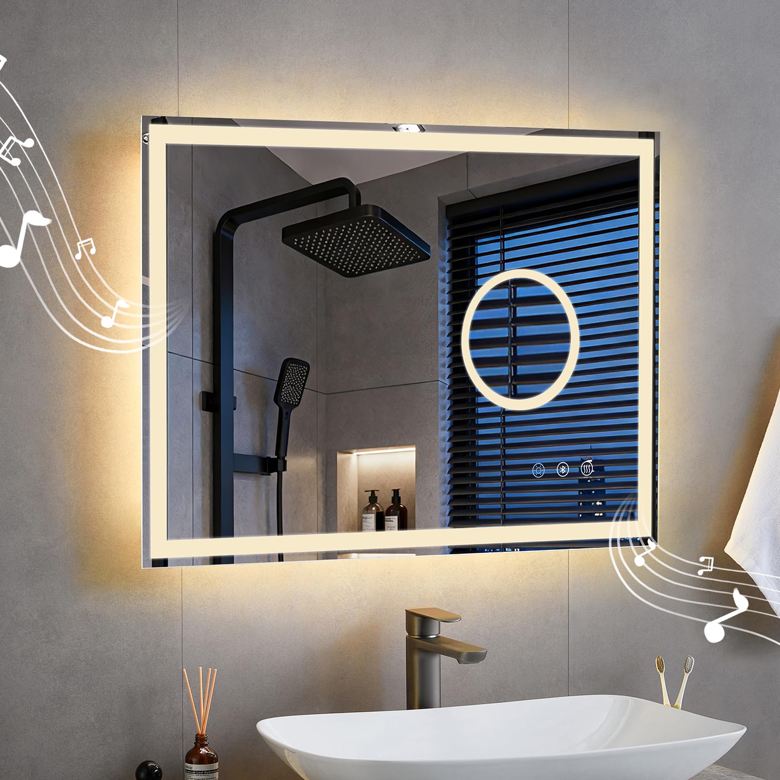 Miroir Salle de Bain avec Eclairage Bluetooth 70x50cm, Miroir LED avec Loupe 3X, Anti-buée, 3000K/4000K/6500K, Dimmable, Mémoire, IP44, Douille, Horizontal/Vertical