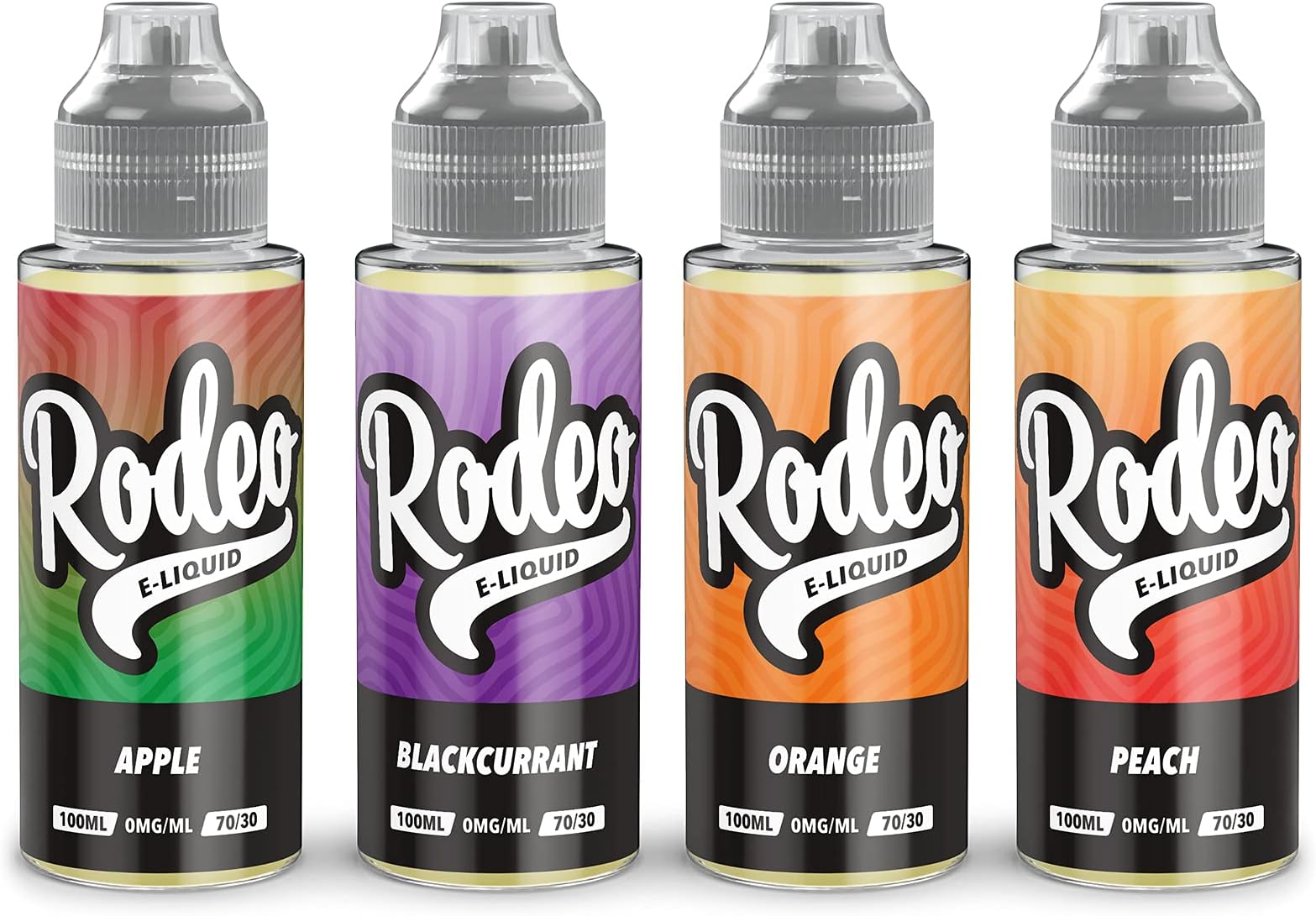 Rodeo Vape Liquid 4 x 100ml Apple + Blackcurrant + Orange + Peach Vape Juice E Liquid 70/30 Flavoured Ecig Juice E Cigarette Nicotine Free Sub Ohm Short Fill