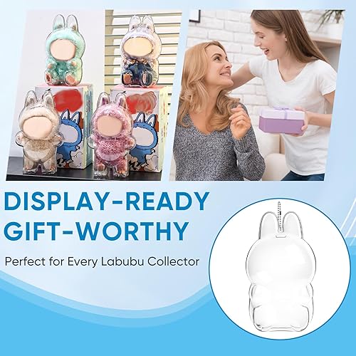 Miniatura 7 de Funda protectora para figura sentada Labubu – Caja de almacenamiento portátil de PVC transparente con llavero, resistente al polvo y a los arañazos