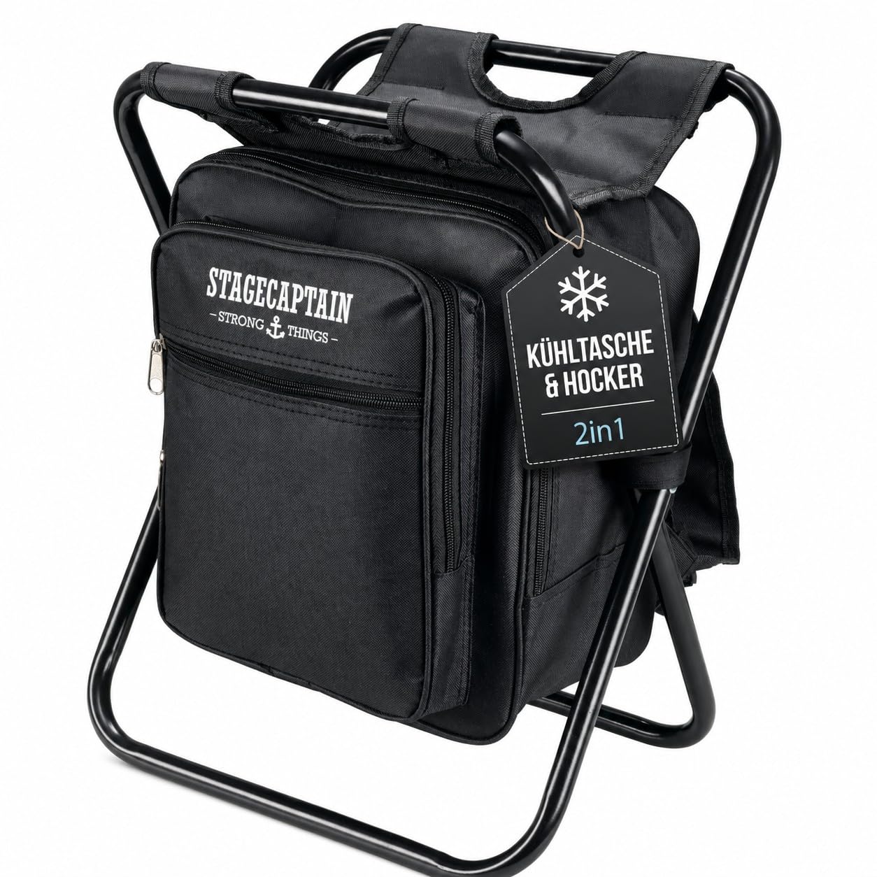 Stagecaptain CS-3640 BK Coolstool: sgabello pieghevole con borsa frigo e zaino, 2 tasche esterne. Ideale per campeggio, picnic e pesca. Colore nero.