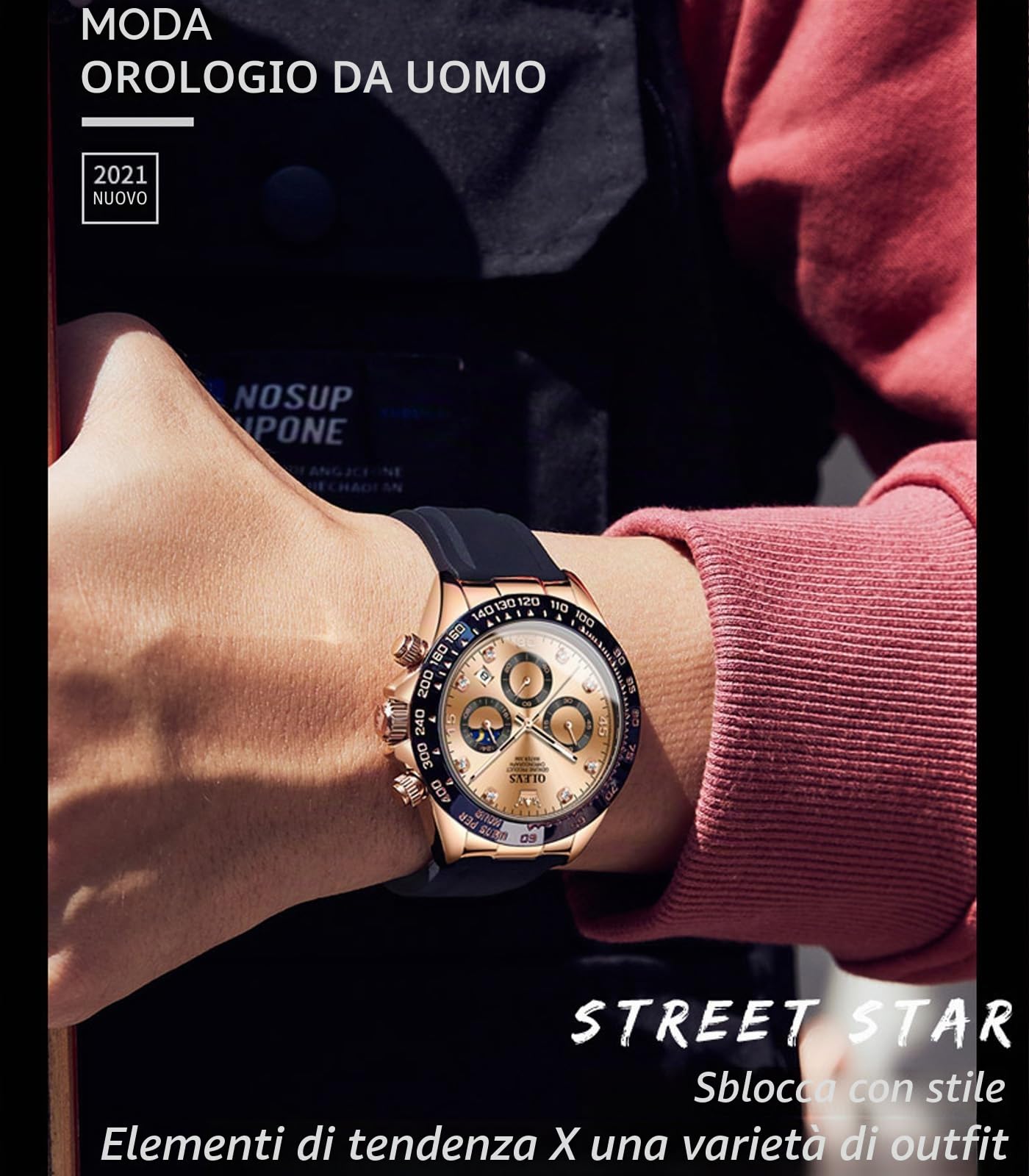 OLEVS Orologi da uomo al quarzo impermeabile cronografo analogico multifunzione fase lunare silicone diamante luminoso orologio da polso, nero argento, cronografo, digitale, Oro rosa, Cronografo