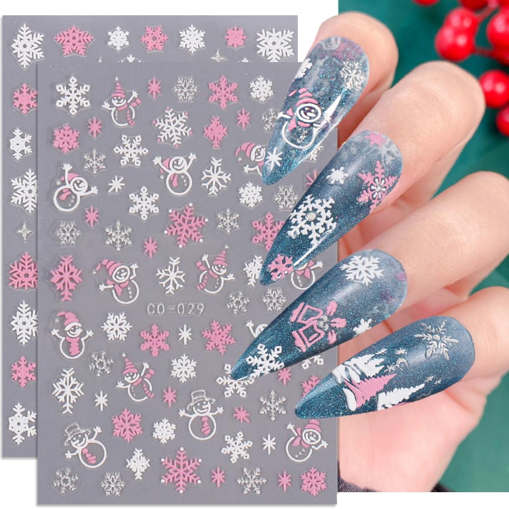12 Blatt Weihnachts-Nagelaufkleber – 3D Selbstklebende Motive (Weihnachtsmann, Baum, Schneeflocke) Für Frauen, Mädchen & Kinder