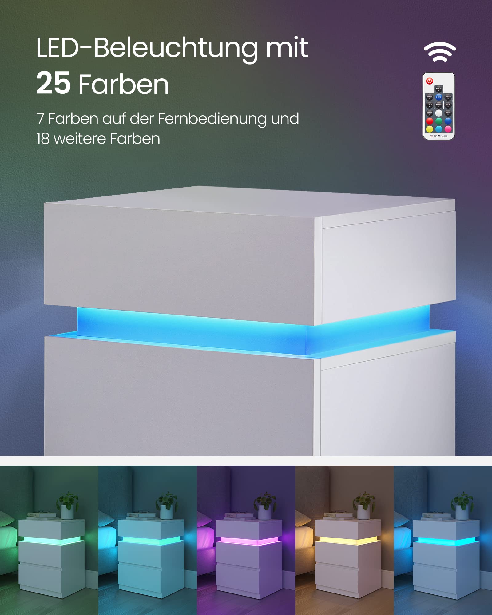 VASAGLE Kailyn Kollektion - Nachttisch, 2er Set, Beistelltisch mit Steckdosen, Schiebedeckel, 3 Schubladen, LED-Beleuchtung, Kleiner Tisch, modern, 40 x 35 x 55 cm, wolkenweiß LET0830W01