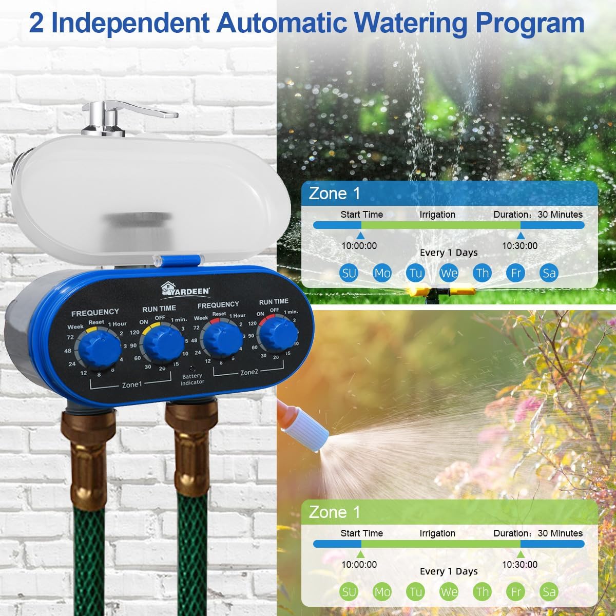 Dual Outlet Water Timer Irrigation Controller System, No Water Pressure Required