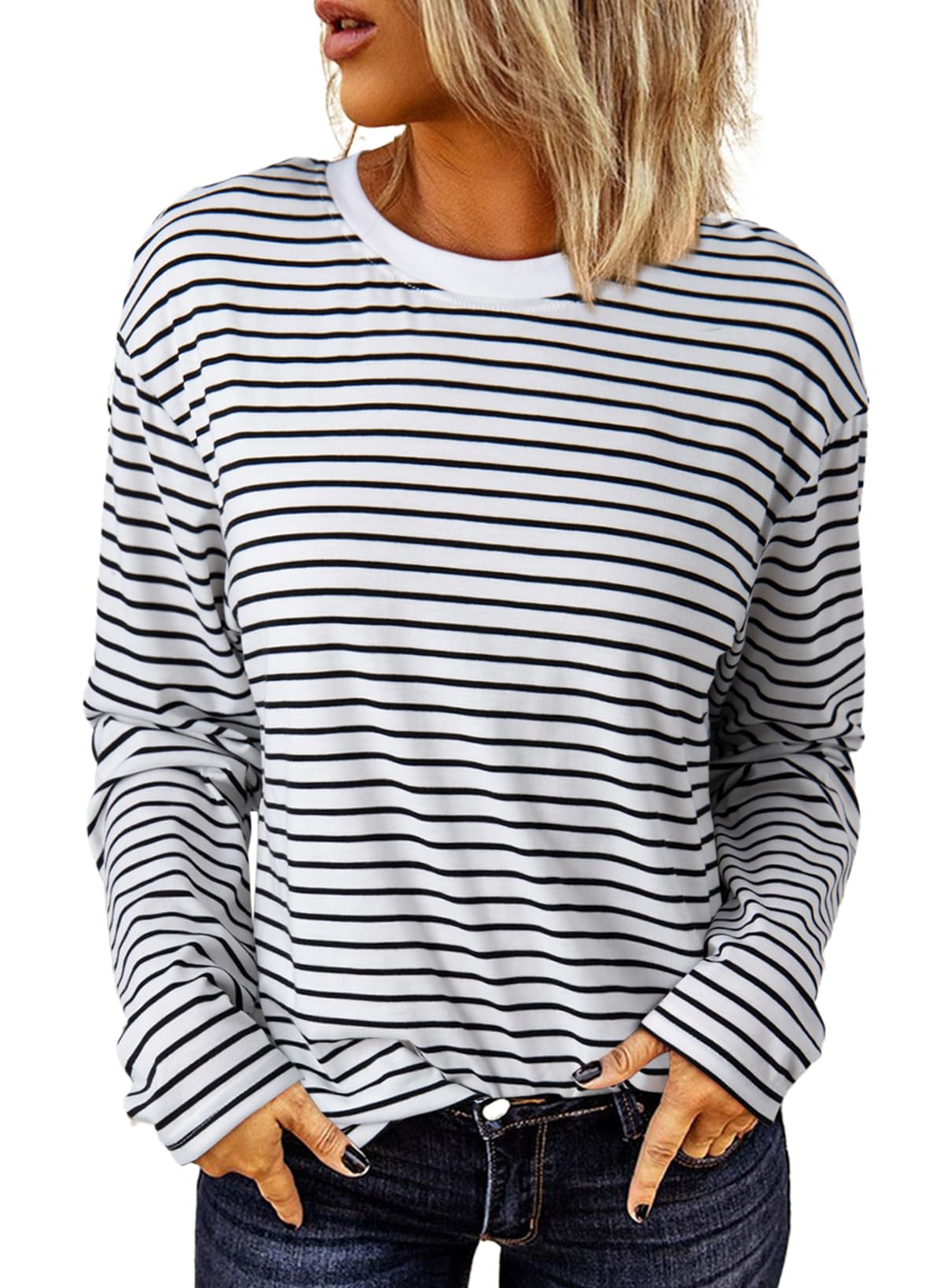 Dokotoo Langarmshirt Damen Rundhals Gestreift T-Shirt Basic Longsleeve Lässige Oberteile Shirt Tops S-XXL