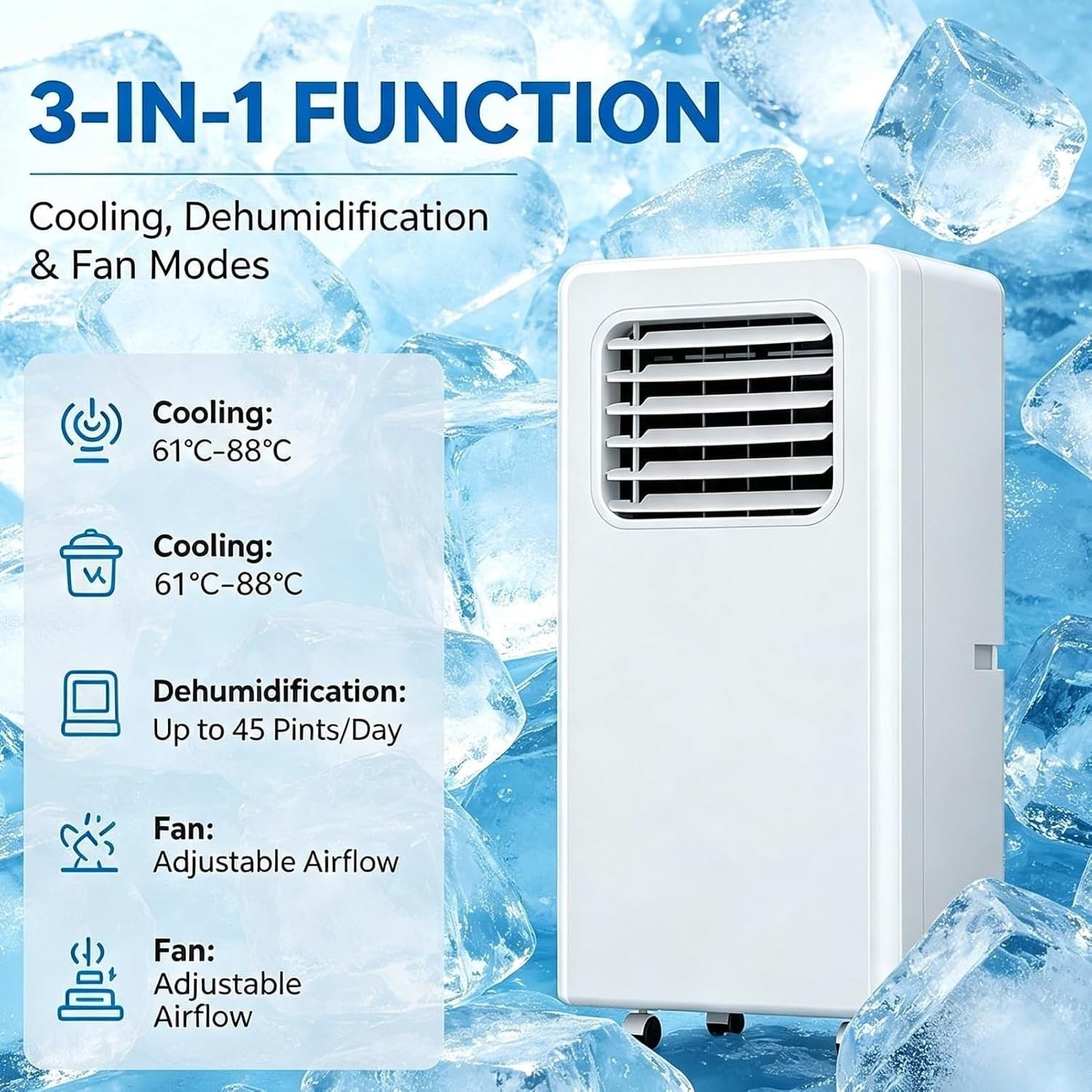 Condizionatore d'Aria Portatile 3-in-1, unità AC Pavimento 10000 BTU ad Alte Prestazioni, raffredda Fino a 30 mq, climatizzatore Mobile per Soggiorno, Uso Domes