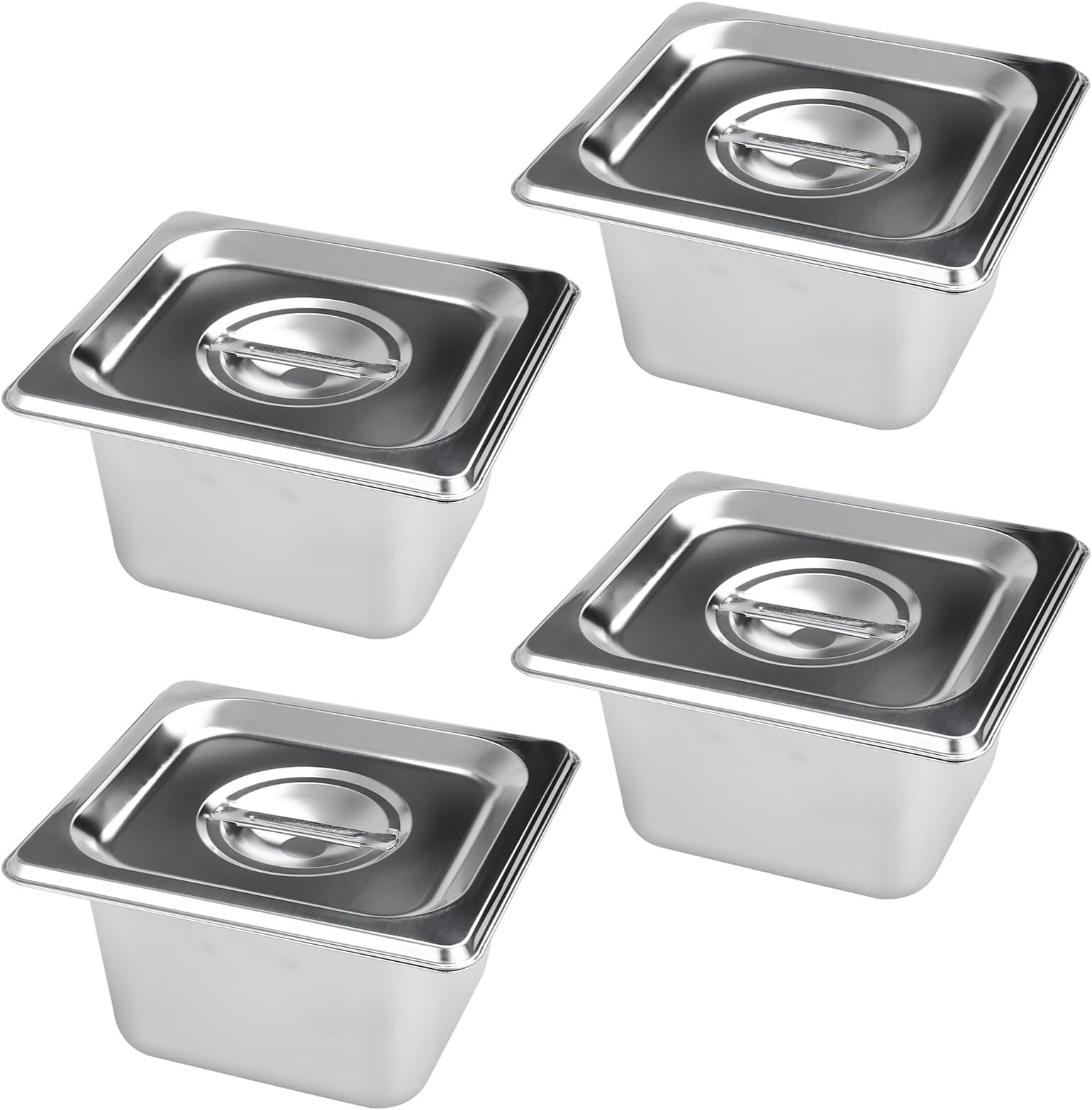YAYODS 4PCS Stainless Steel Gastronorm Pan 1/6 with Lid, Quarter Stainless Steel Food Containers Pot Pan, 100mm Deep, Silver