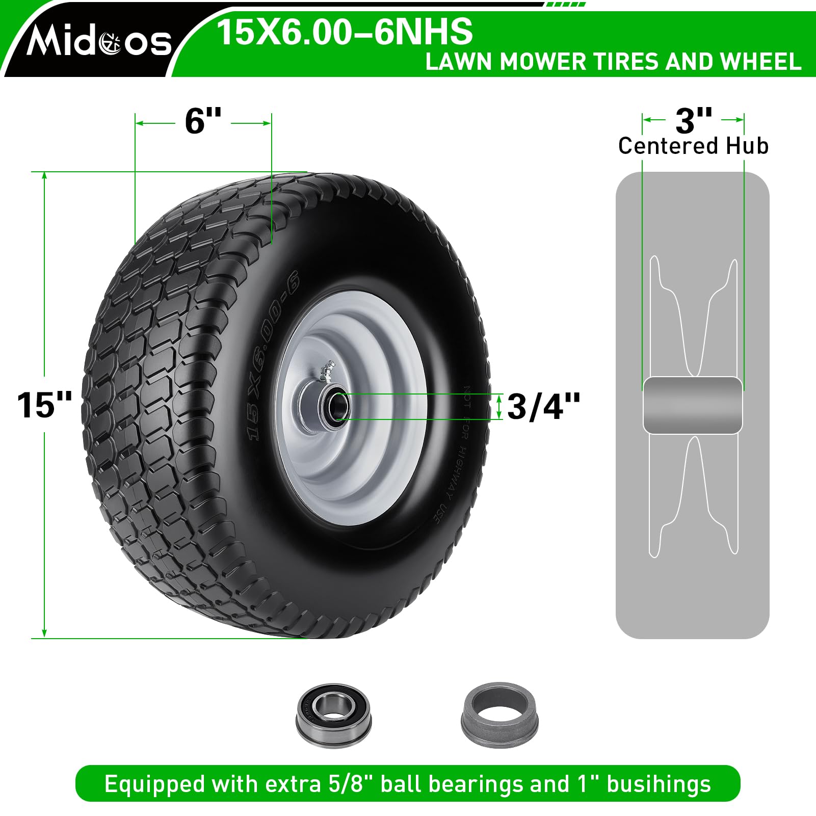 2 neumáticos y ruedas planas de 15 x 6.00-6, neumáticos de cortacésped NHS de 15 x 6-6 con cubo centrado de 3 pulgadas para cortacésped John Deere/Husqvarna/Craftsman, tractor de césped, con