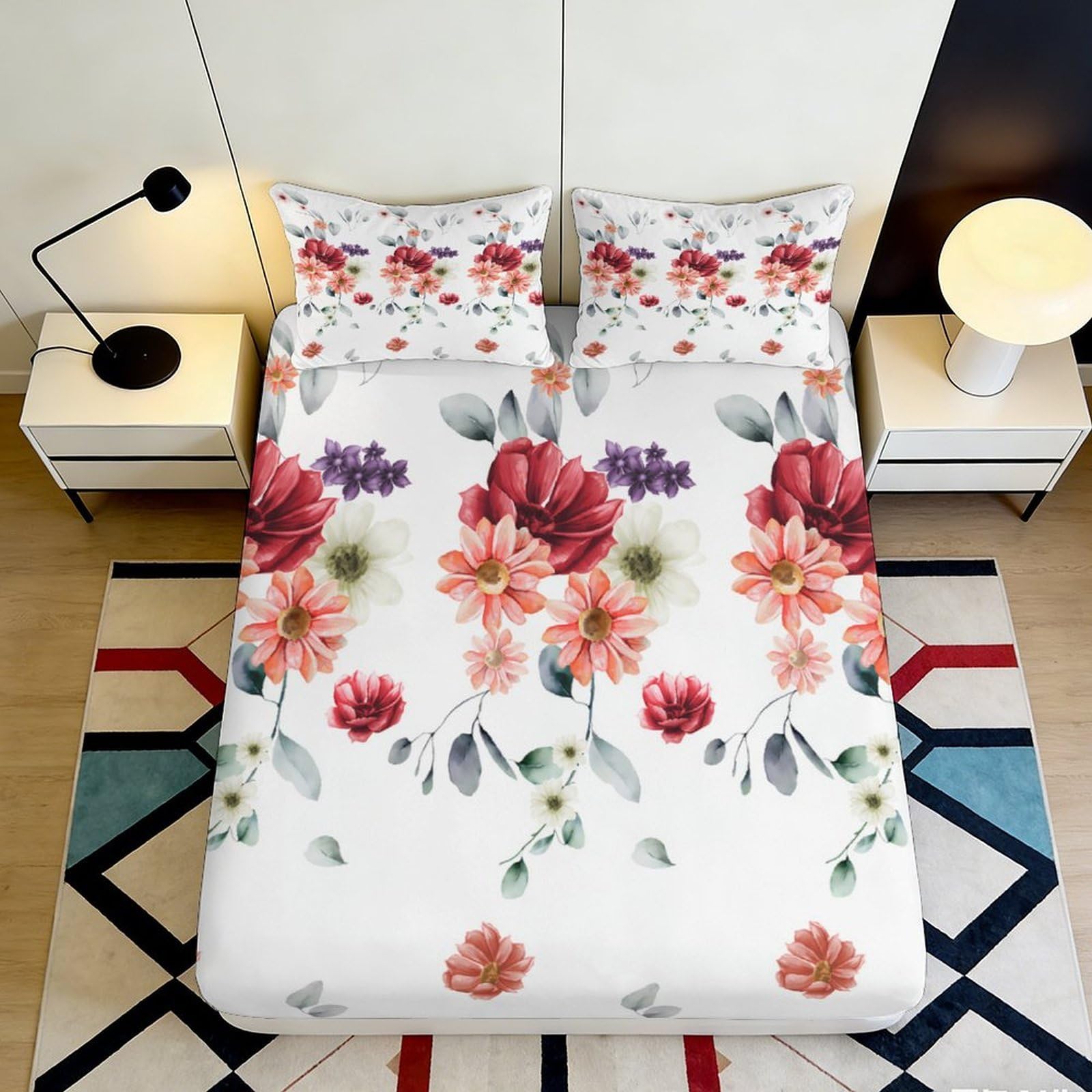 3D Printed Floral Blossom Fitted Sheet Microfiber Soft Breathable Watercolor Peony Mattress Cover for Bedroom Dorm Decor 90x200x25cm