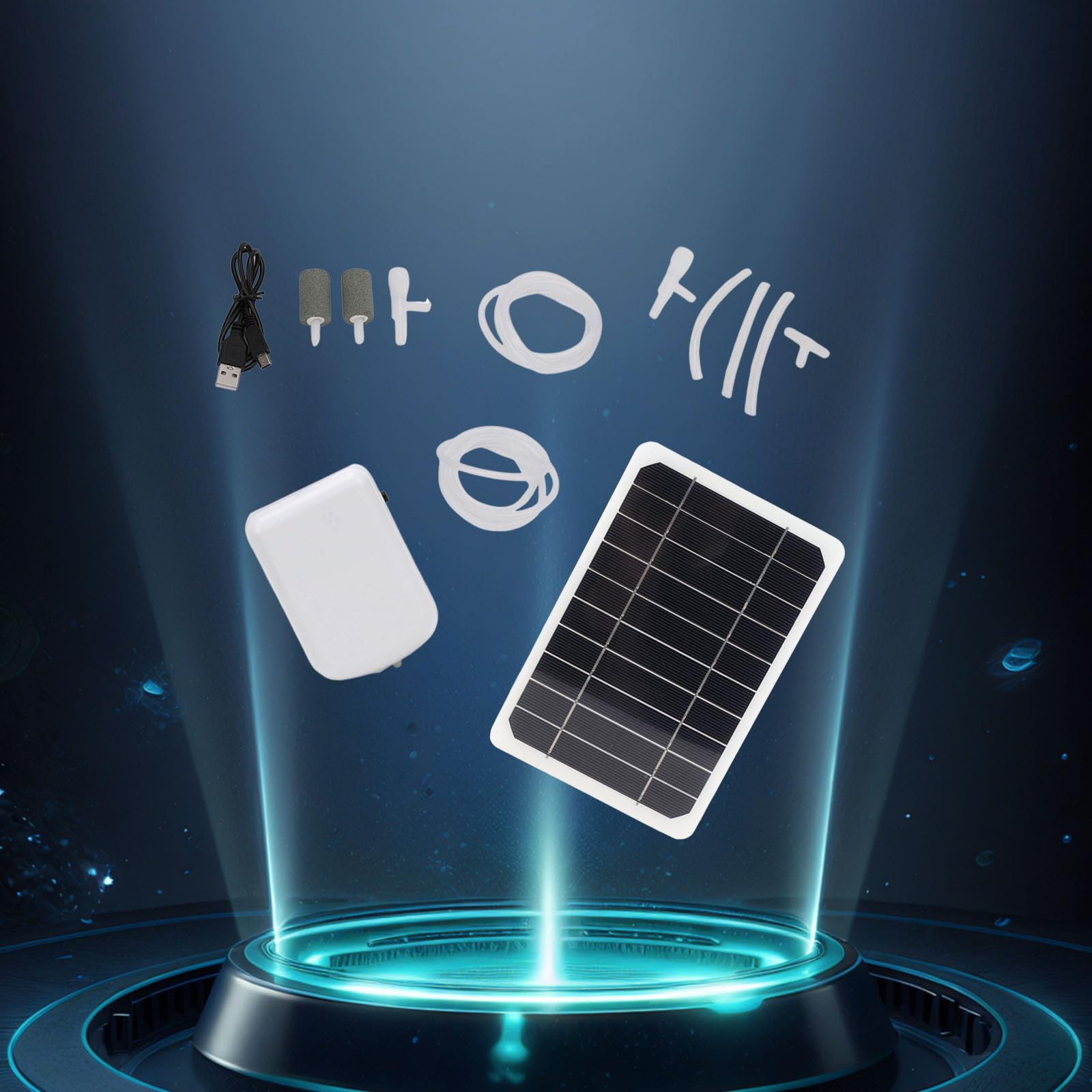 Pompe à oxygène Solaire pour étang, Pompe à air Portable 5W avec Panneau Solaire, Batterie intégrée de 2000mAh, Pierres à Bulles pour Piscine, hydroponie, Fontaine d'eau, Jardin