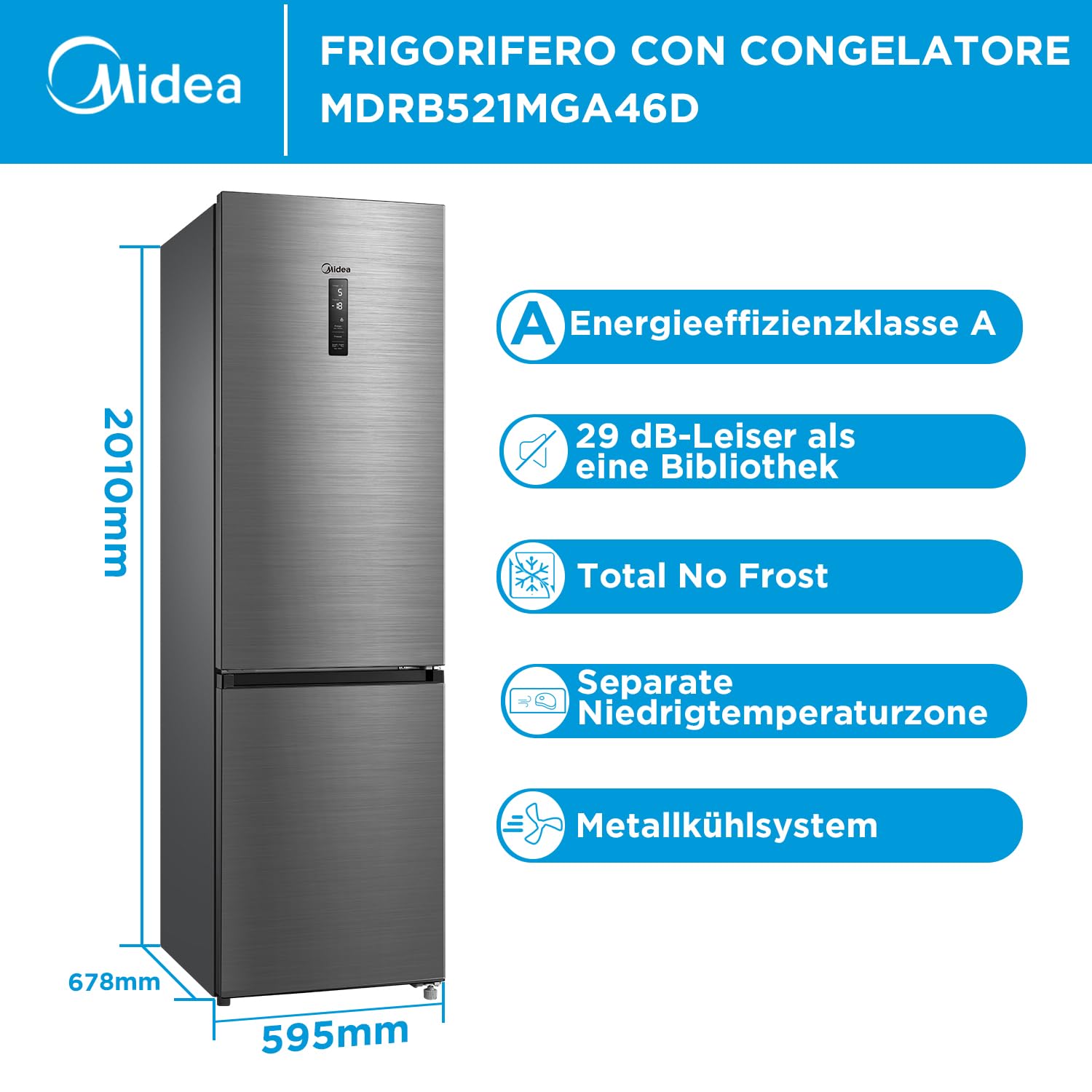 Midea 378L Kühlschrank mit Gefrierfach,201cm,29dB,EEK A,NoFrost,DualCooling | Inverter Kompressor, Metal Cooling, 256L Kühlteil+122L Gefrierteil, 113 kWh/Jahr, Frischezone,180° flip shelf