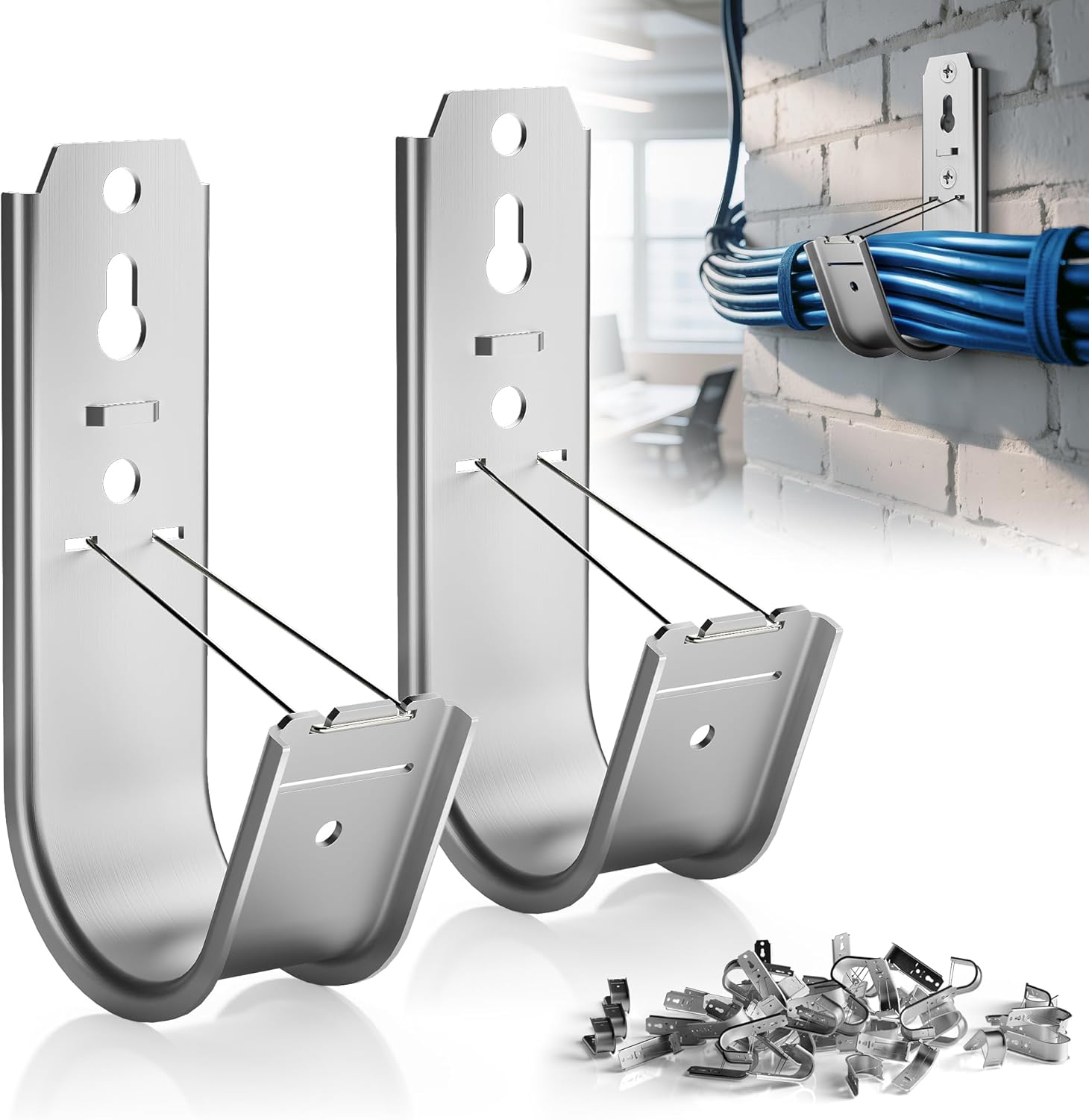 50 Pack J Hooks for Cable Management | 2 Inch Galvanized Steel J-Hook with Retainer Clip for Hanging Cable & Wire Support Ceiling Mount to Ceilings Beams