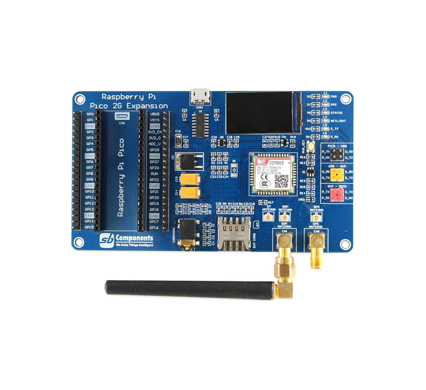 sb components Raspberry Pi Pico con espansione Pico 2G QUAD-Band GSM/GPRS/GNSS espansione per Raspberry Pi Pico, aggiunge supporto cellulare e GPS al Pico