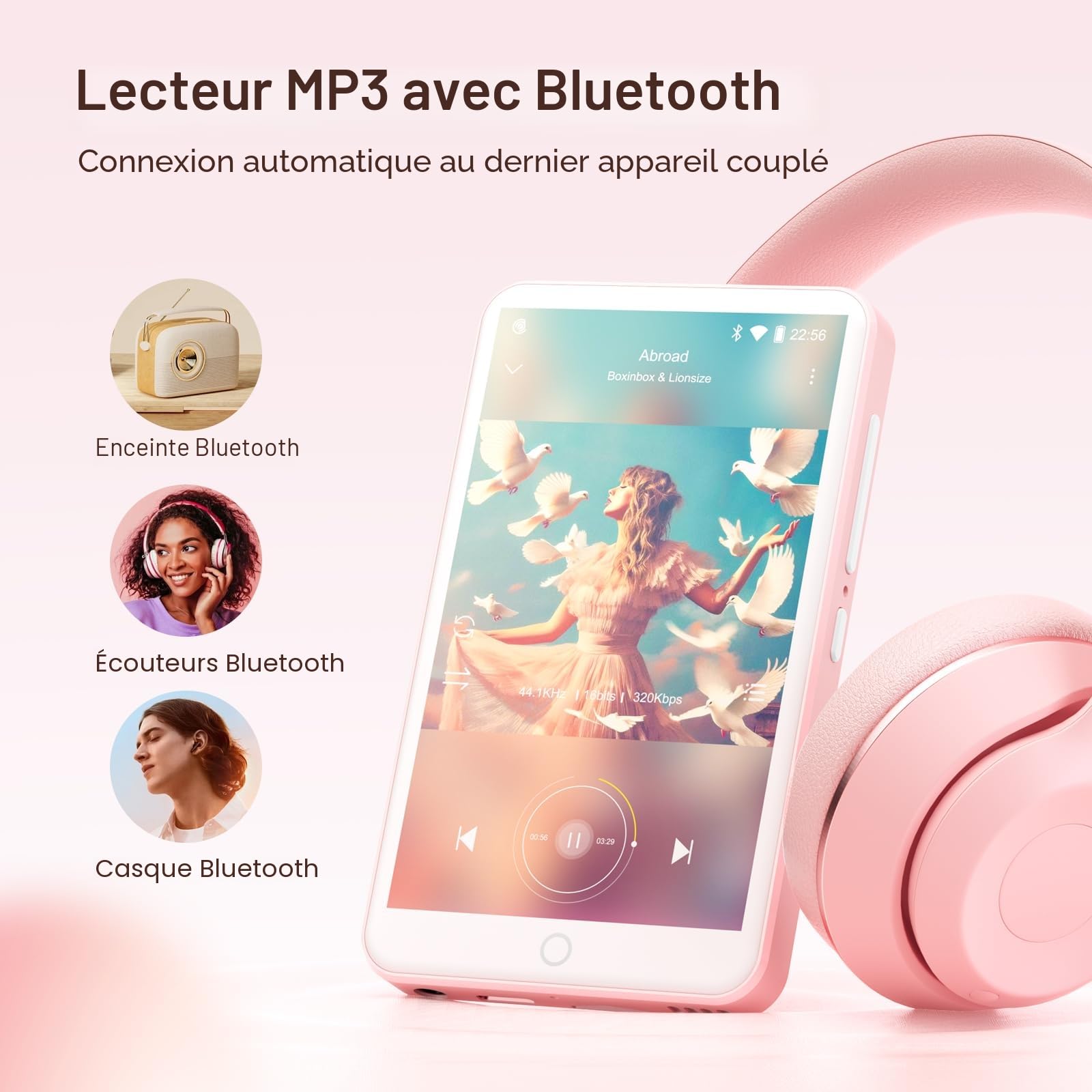 Lecteur MP3 avec Bluetooth et WiFi, Oilsky 80GB 4'' Android 9.0 Lecteur de Musique, MP4 à écran Tactile 1080P, Mp3 Portable avec Spotify, Audible, Deezer (Rose)