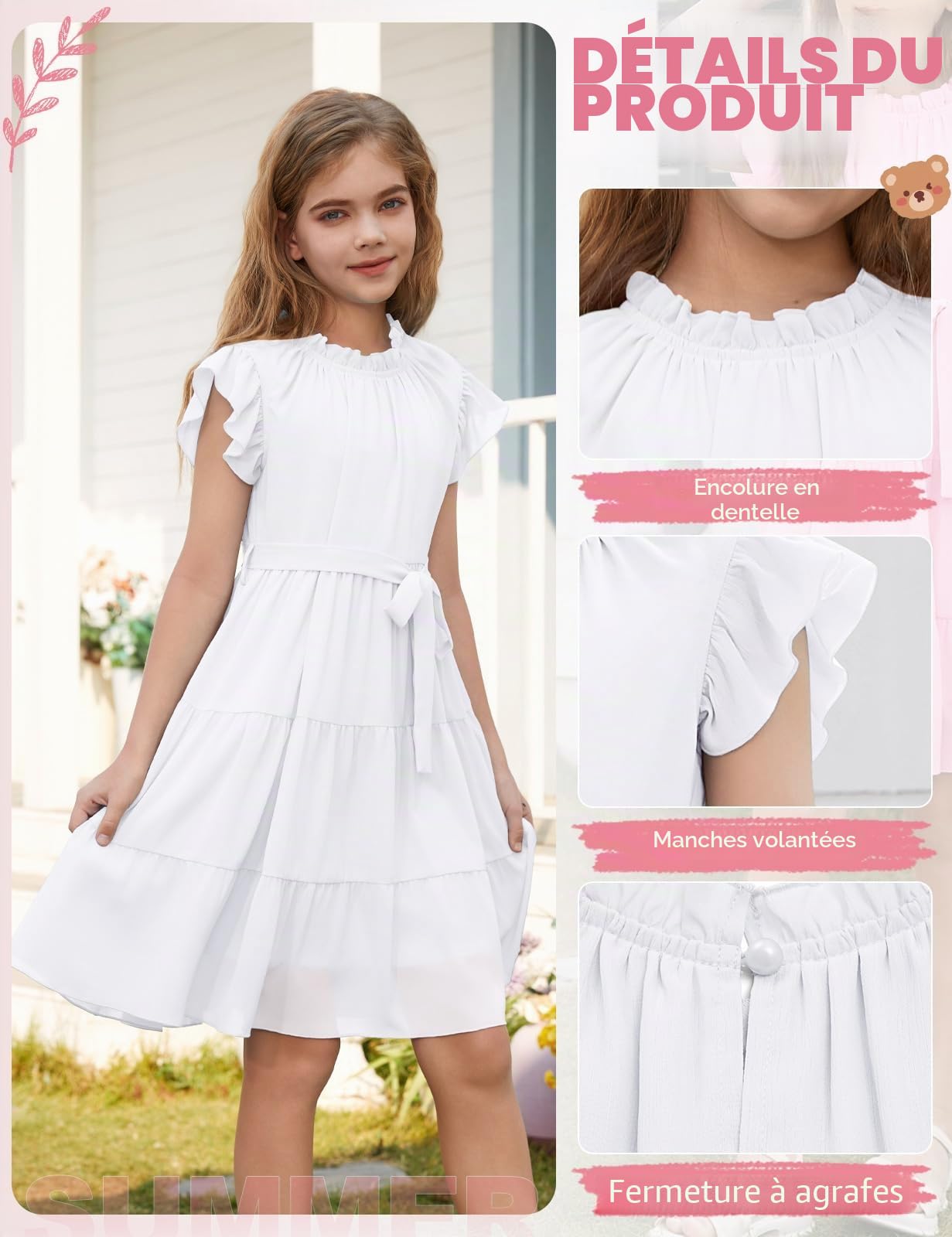 Robe pour Fille Été Robe Manches à Volants Col Rond Robes de Soirée Décontractées Robe Trapèze Mi-Longue Flottante avec Ceinture