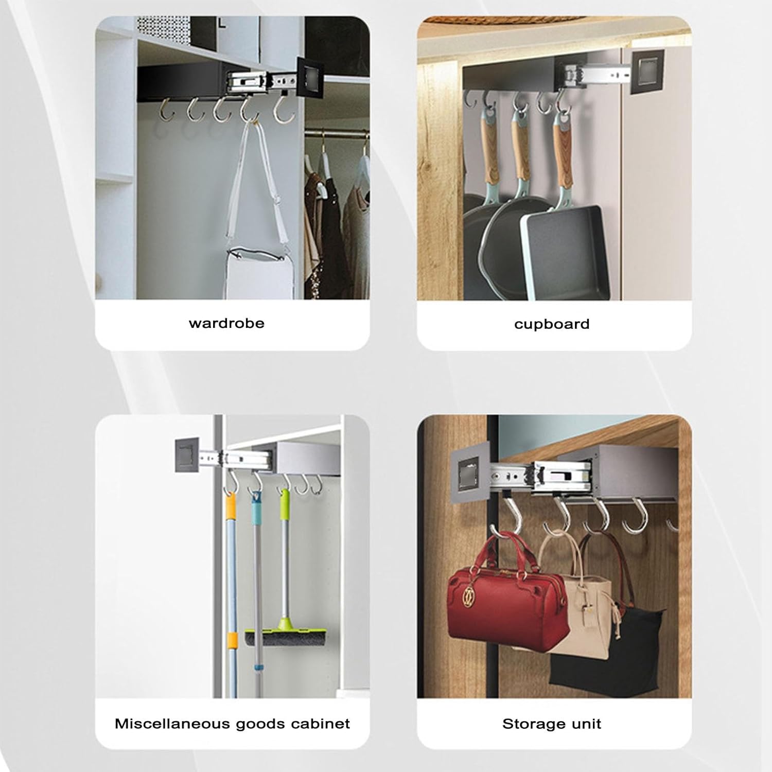 Pull Out Pot and pan Organizer with 5/7 Hooks, 16.5/21.65in Hanging Pot Racks for Kitchen Under Cabinet，Expandable Cabinet Tool Racks Pot Rack Hooks Adjustable(Black,42cm)