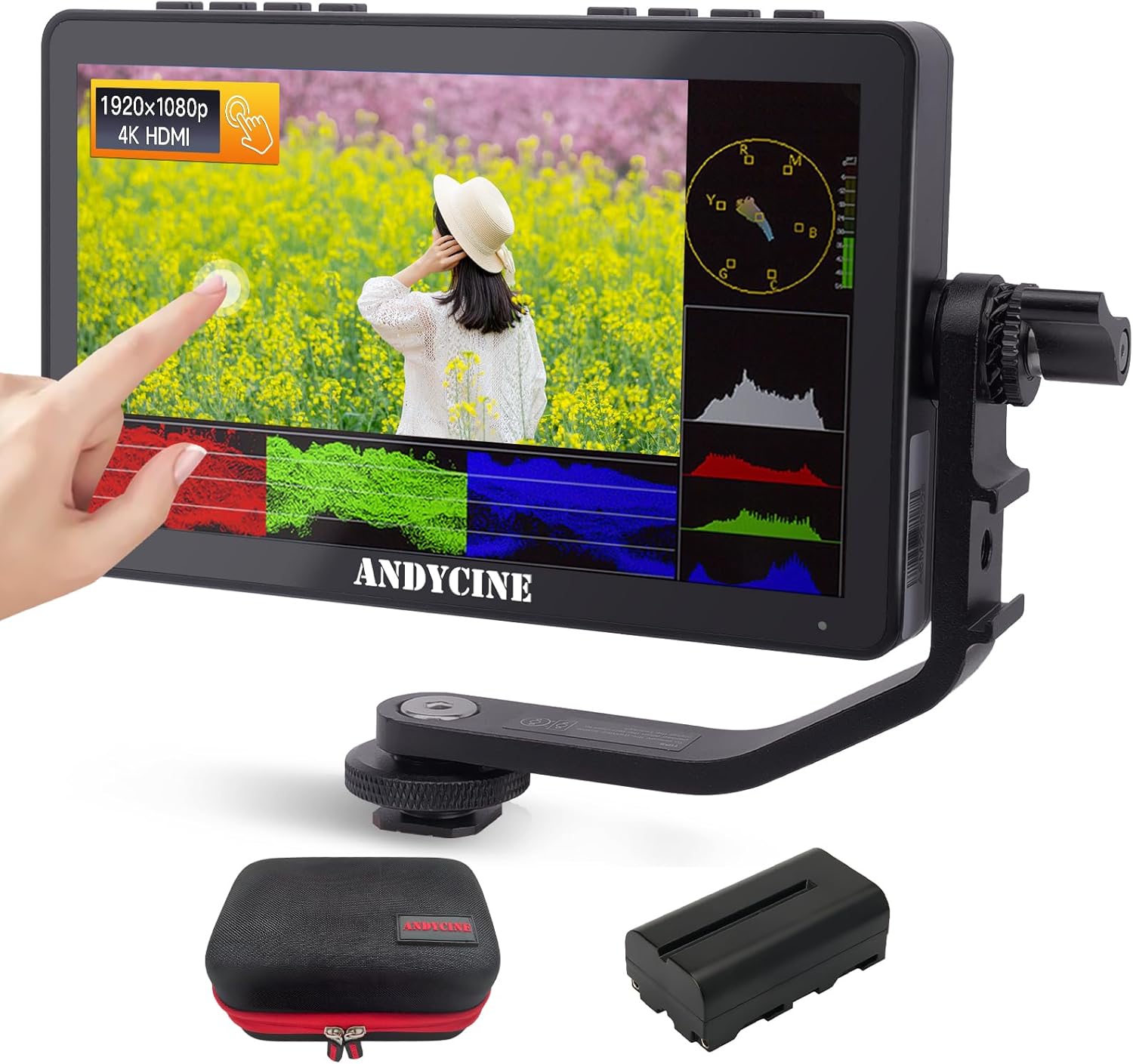ANDYCINE A6 Max 6 Inch Touch Screen Camera Filed Monitor with Battery and Bag All Waveform 3D LUT 1920x1080P 4K HDMI On Camera Monitor with External F970 Power Plate 5V Type C Input