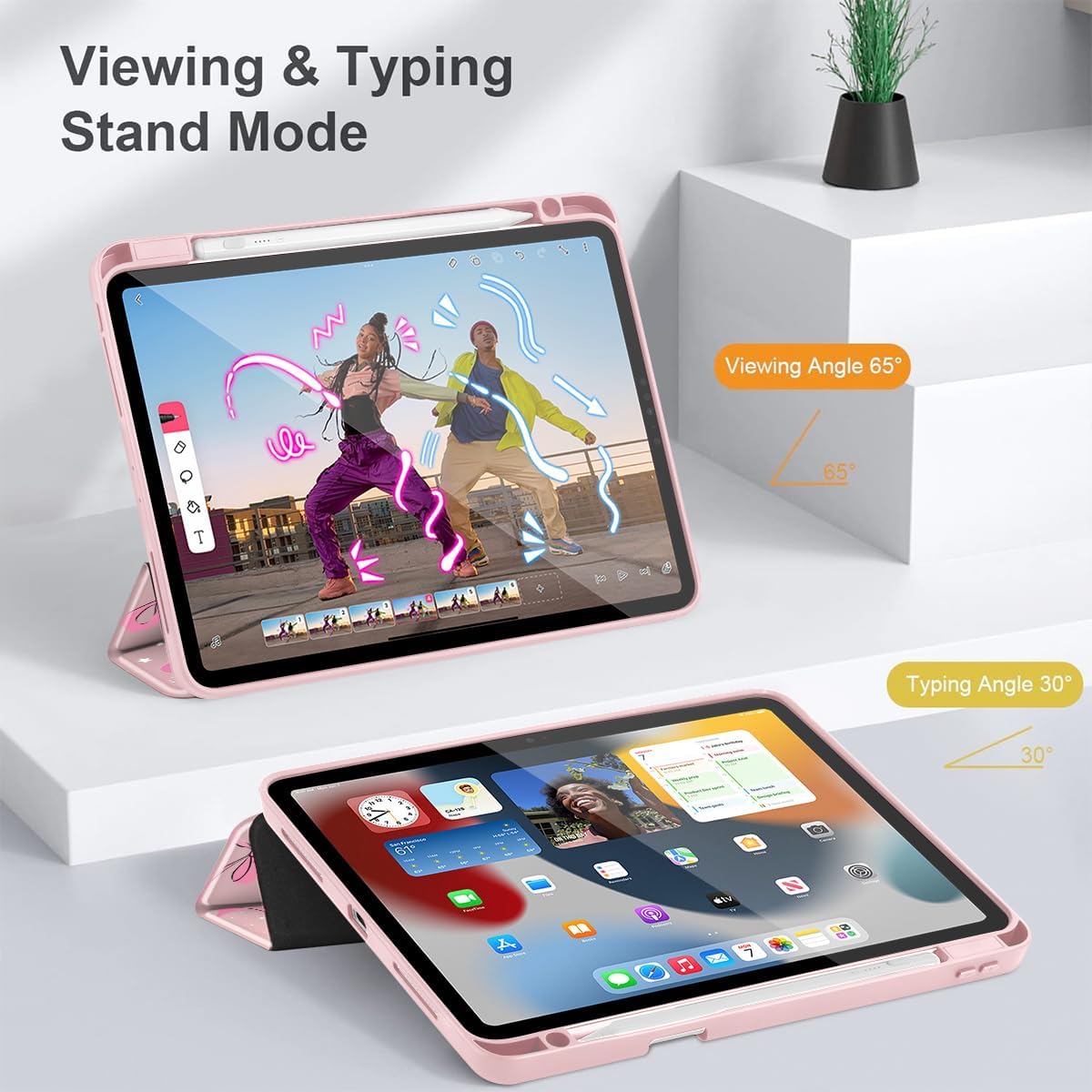 May Chen Case for iPad 12.9 Inch (6th/5th/4th/3rd Generation, 2022/2021/2020/2018), Pencel Holder + Trifold Support Auto Sleep/Wake, Transparent Shockproof Back Cover, Pink Bows