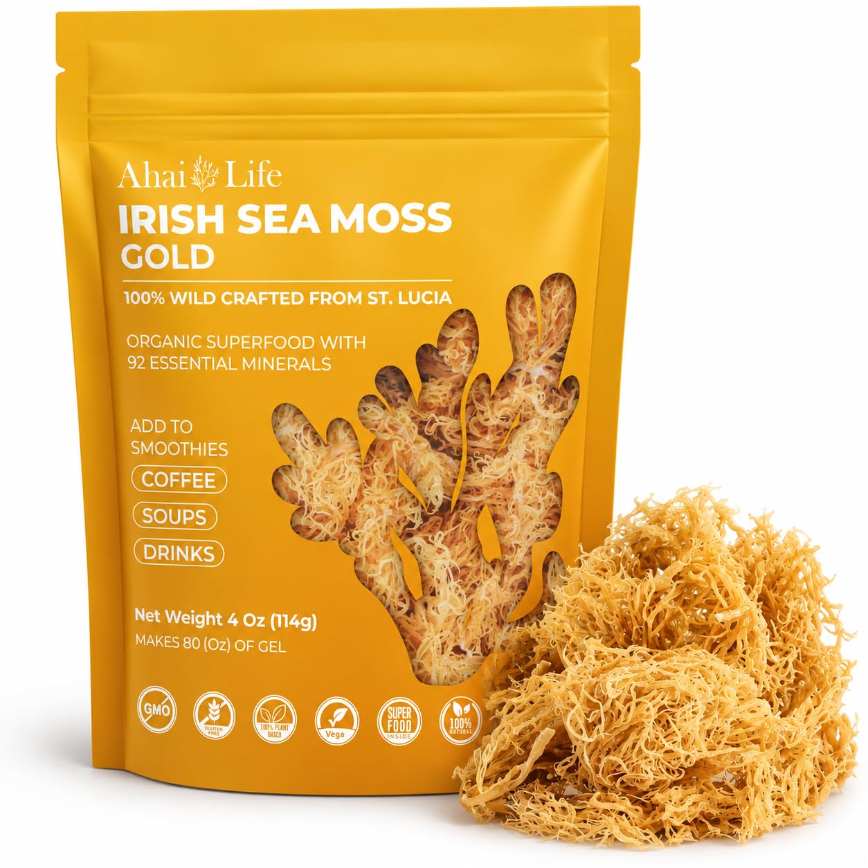 Golden Organic Sea Moss, Raw Wildcrafted from St, Lucia, Sun-Dried Sea Moss Without Chemicals Naturally Gluten Free Supports Thyroid Gut Health Metabolism, Energy, Makes 80+ oz SeaMoss Gel | 4 oz Bag Gold 4 Ounce