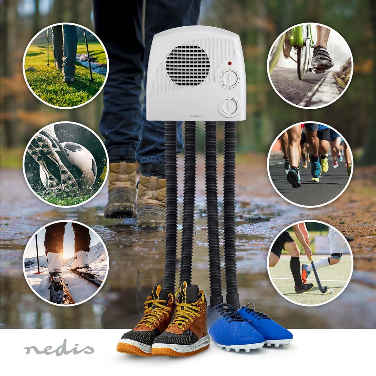 NEDIS HTSH40WT | Sèche-chaussures et bottes mural électrique | 350 W | 4 sorties d’air pour 2 paires | Minuterie 10 à 120 minutes | Protection contre la surchauffe | Blanc